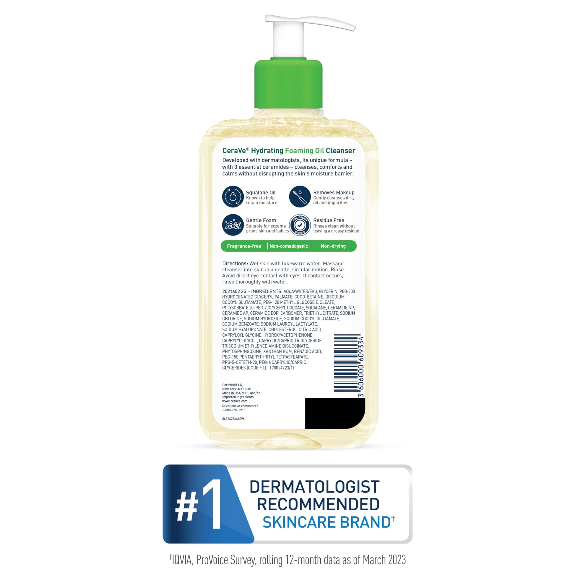 CeraVe - Limpiador hidratante de aceite espumoso, limpiador de aceite hidratante para cara y cuerpo, aceite de escualano + ácido hialurónico + ceramidas, para piel seca a muy seca, sin fragancia y sin residuos 19 FL Oz