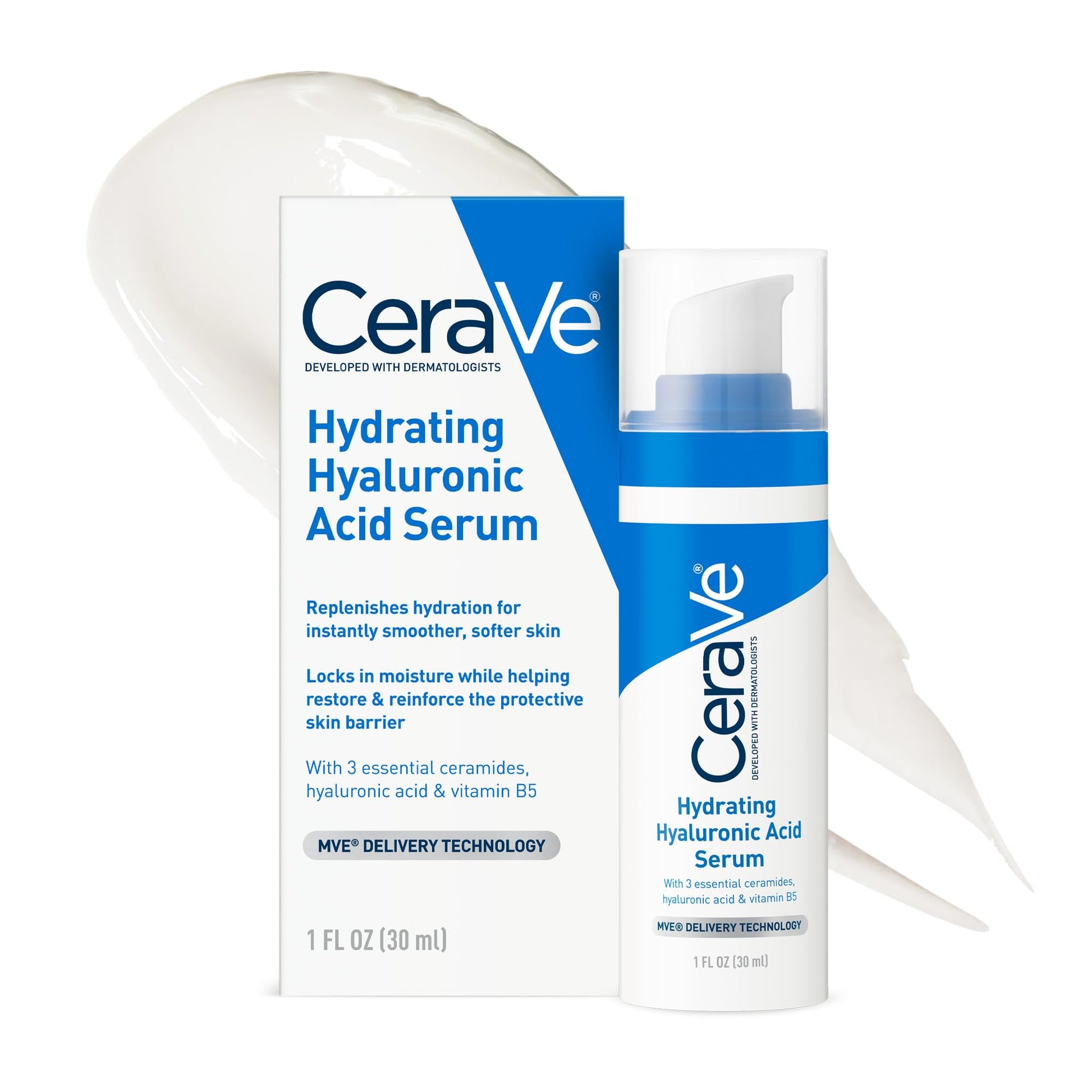 Cerave - Suero de ácido hialurónico para la cara con vitamina B5 y ceramidas, suero facial hidratante para piel seca, sin fragancia, 1 onza