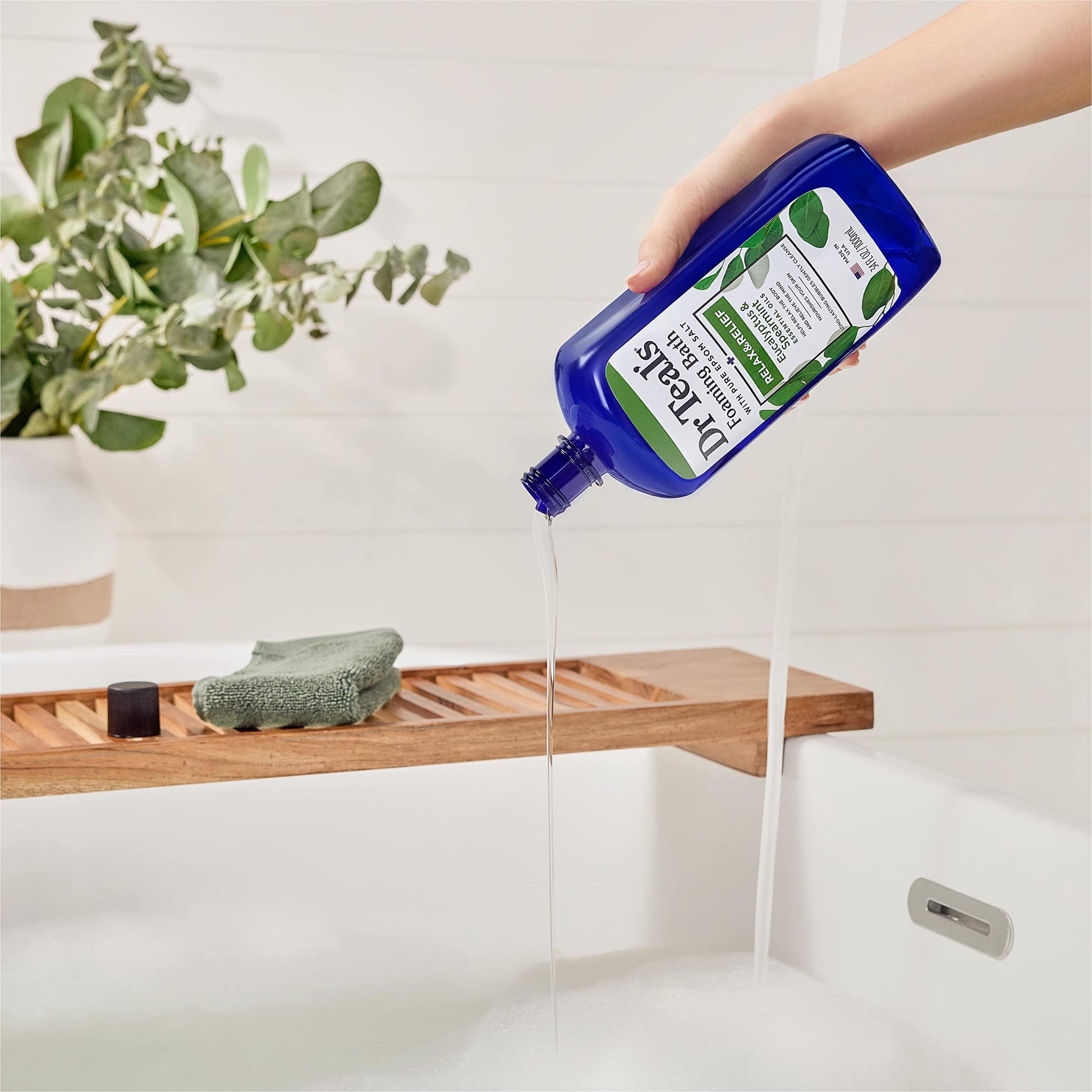Dr Teal's - Baño espumoso con sal pura de Epsom, relajación y alivio con eucalipto y menta verde, 34 onzas líquidas (paquete de 4)