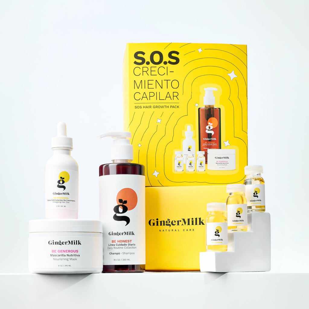 GINGER MILK - SOS Kit de crecimiento del cabello con biotina y jengibre, juego de cuidado del cabello vegano con suero de crecimiento, champú, mascarilla nutritiva y ampolla. Fórmula natural que