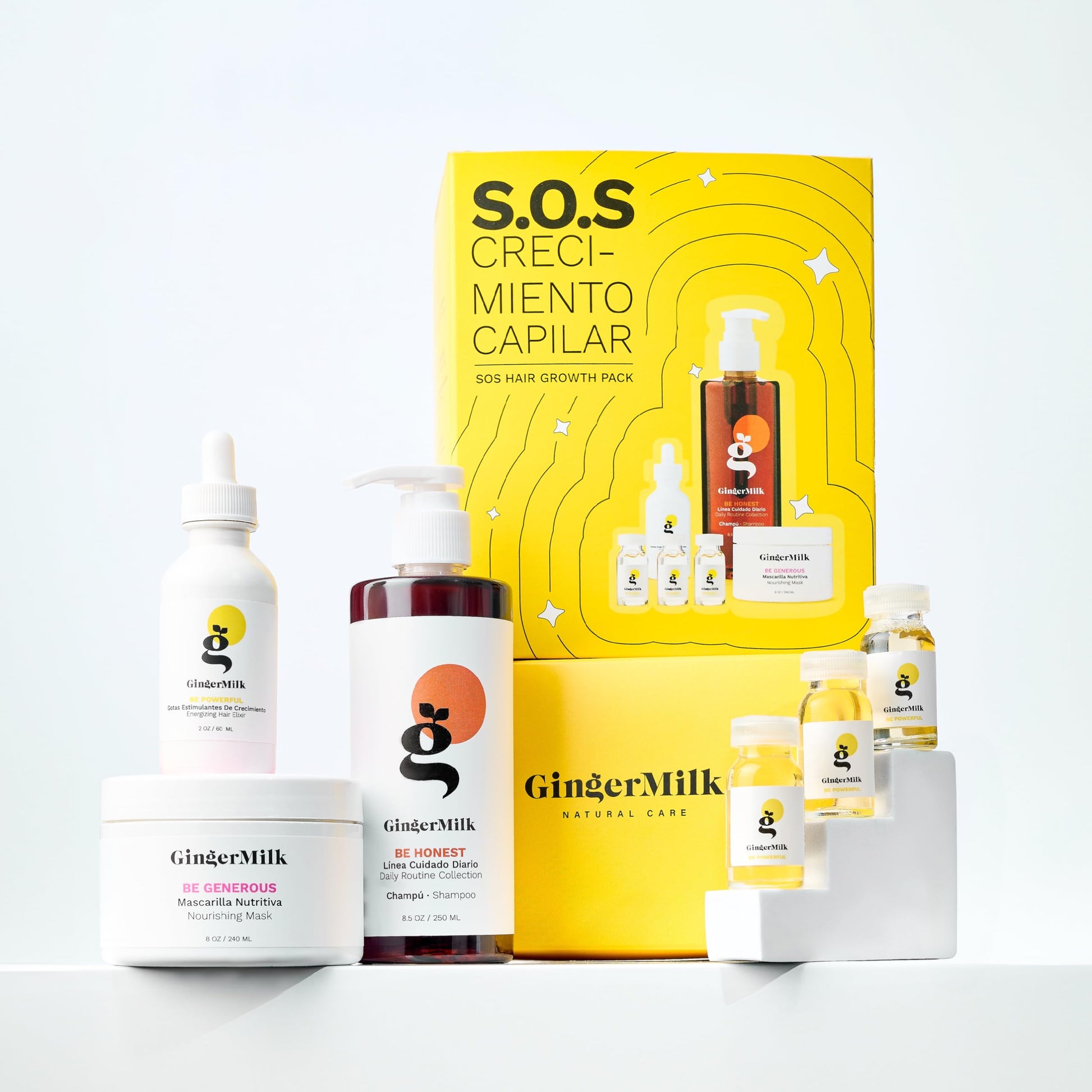 GINGER MILK - SOS Kit de crecimiento del cabello con biotina y jengibre, juego de cuidado del cabello vegano con suero de crecimiento, champú, mascarilla nutritiva y ampolla. Fórmula natural que