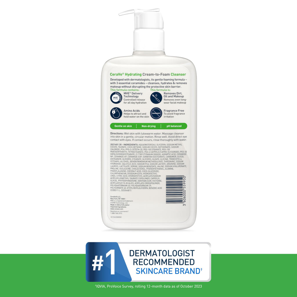 CeraVe - Crema hidratante para limpiar espuma, removedor de maquillaje, lavado facial para piel seca, limpiador facial espumoso con ácido hialurónico, piel normal a seca, sin fragancia y no