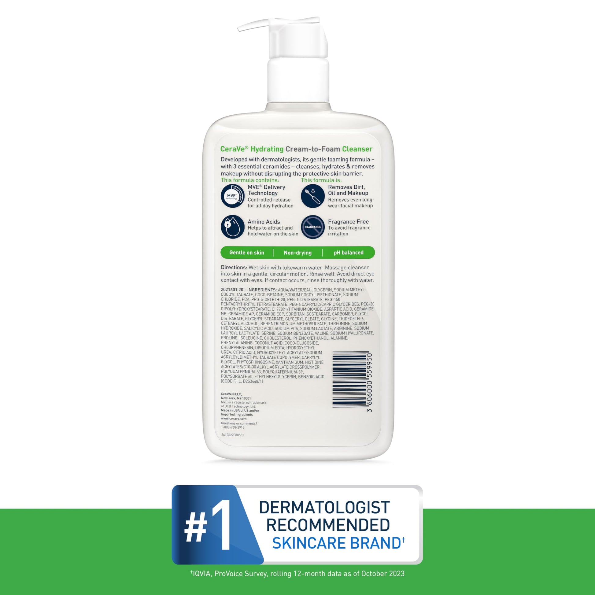 CeraVe - Crema hidratante para limpiar espuma, removedor de maquillaje, lavado facial para piel seca, limpiador facial espumoso con ácido hialurónico, piel normal a seca, sin fragancia y no