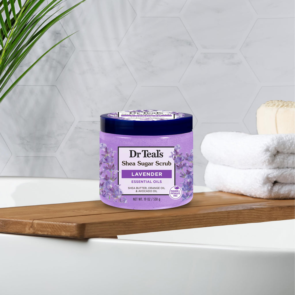 Dr Teal's - Exfoliante de azúcar de karité, aceites esenciales de lavanda, 19 onzas (paquete de 3)