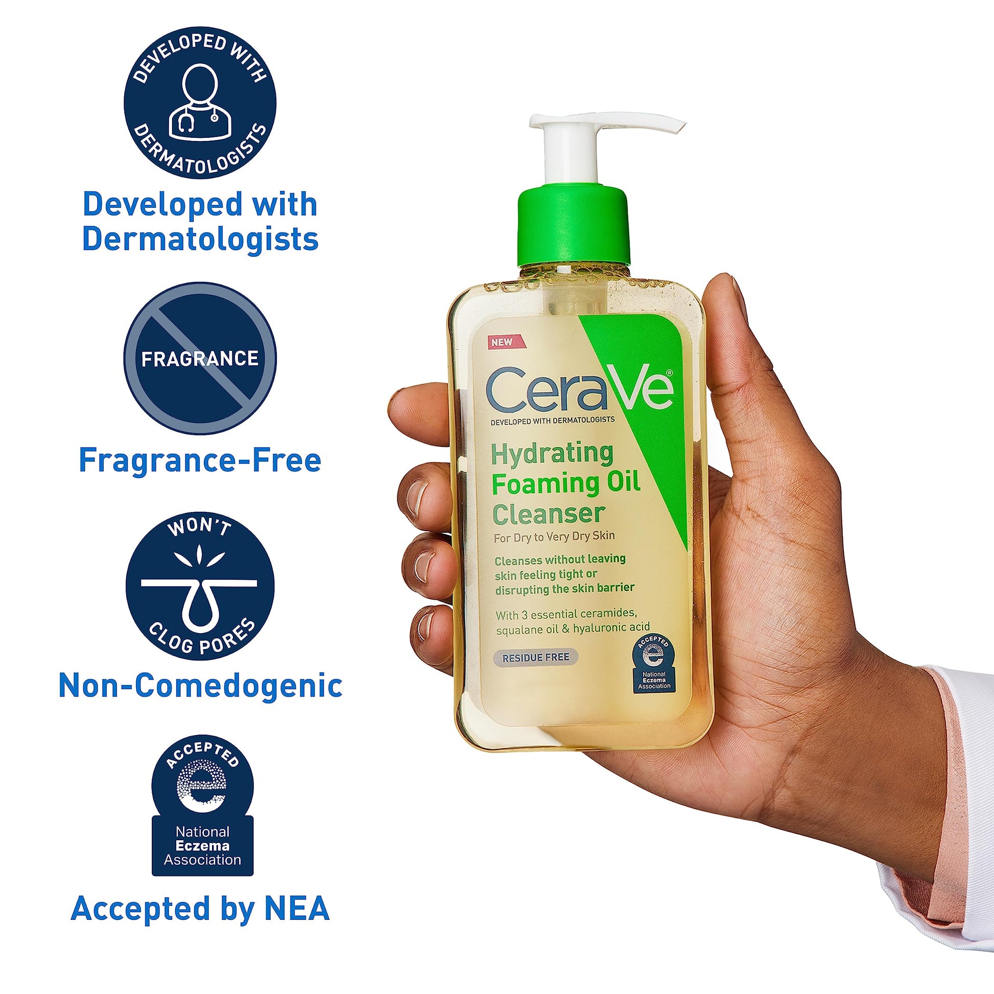 CeraVe - Limpiador hidratante de aceite espumoso, limpiador hidratante para cara y cuerpo, aceite de escualano + ácido hialurónico + ceramidas, para piel seca a muy seca, sin fragancia y sin residuos, 8