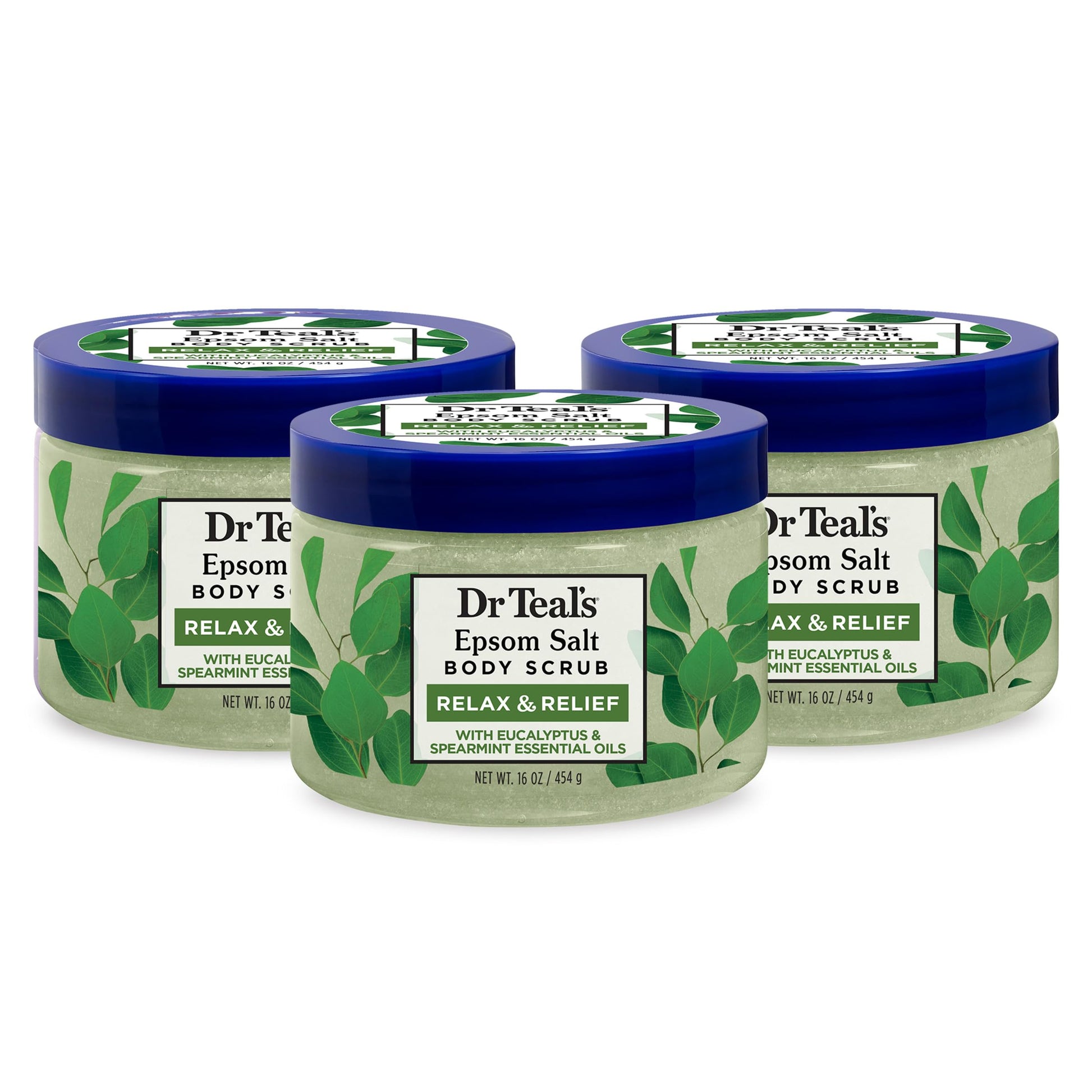 Dr Teal's - Exfoliante corporal de sal pura de Epsom, Relax & Relief con aceites esenciales de eucalipto y menta verde, 16 onzas (paquete de 3)