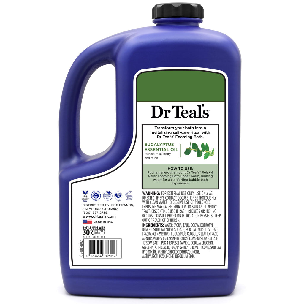 Dr Teal's - Baño espumoso con sal pura de Epsom, relajación y alivio con eucalipto y menta verde, 62.5 onzas líquidas