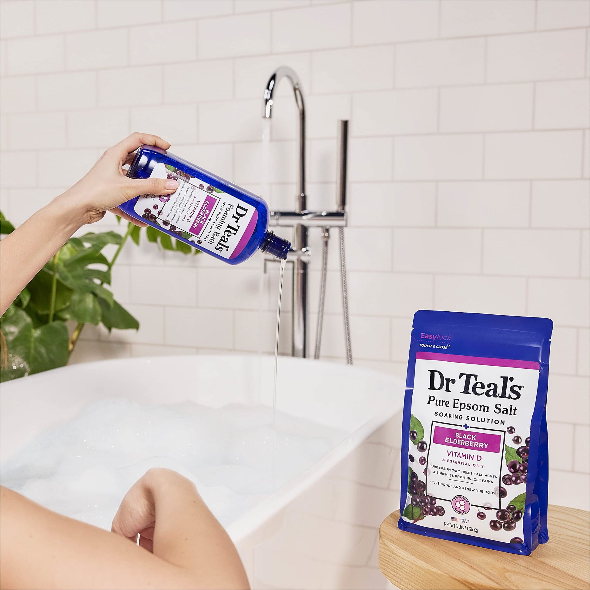 Dr Teal's - Baño espumoso con sal pura de Epsom, saúco negro con vitamina D, 34 onzas líquidas (paquete de 4)