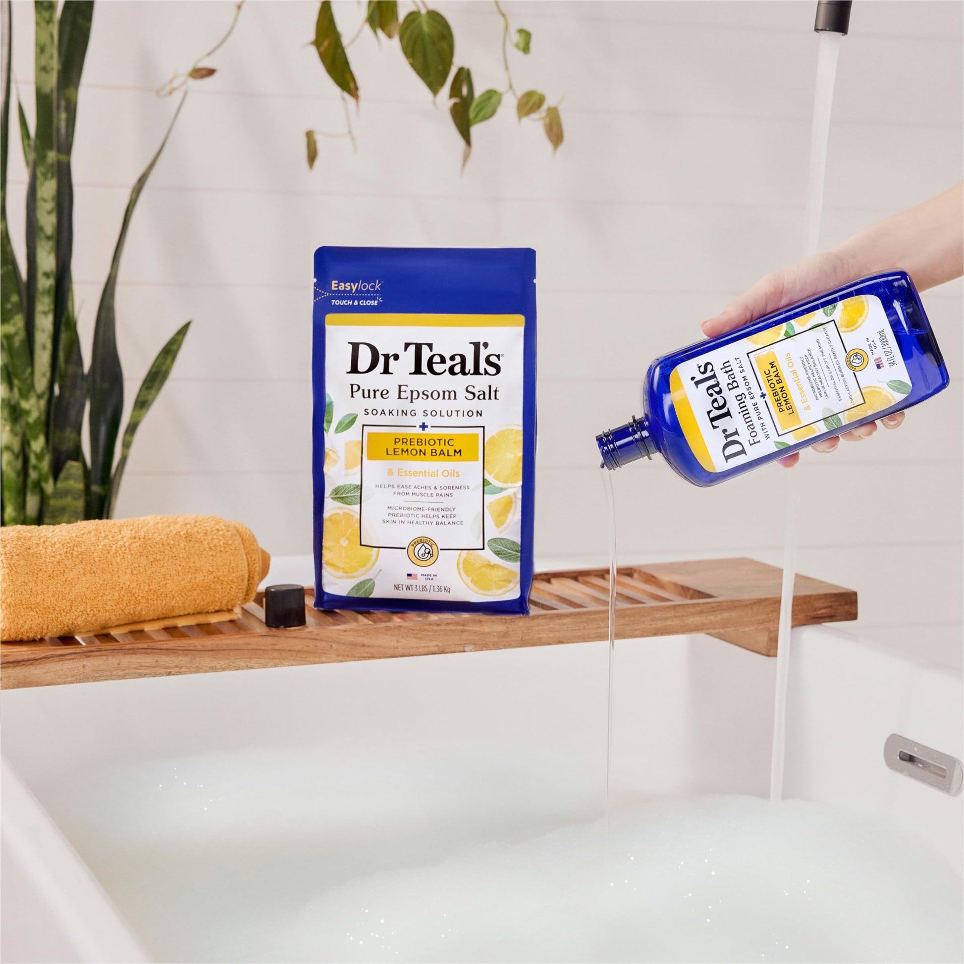 Dr Teal's - Baño espumoso con sal pura de Epsom, bálsamo de limón prebiótico y aceites esenciales, 34 onzas líquidas (paquete de 4)