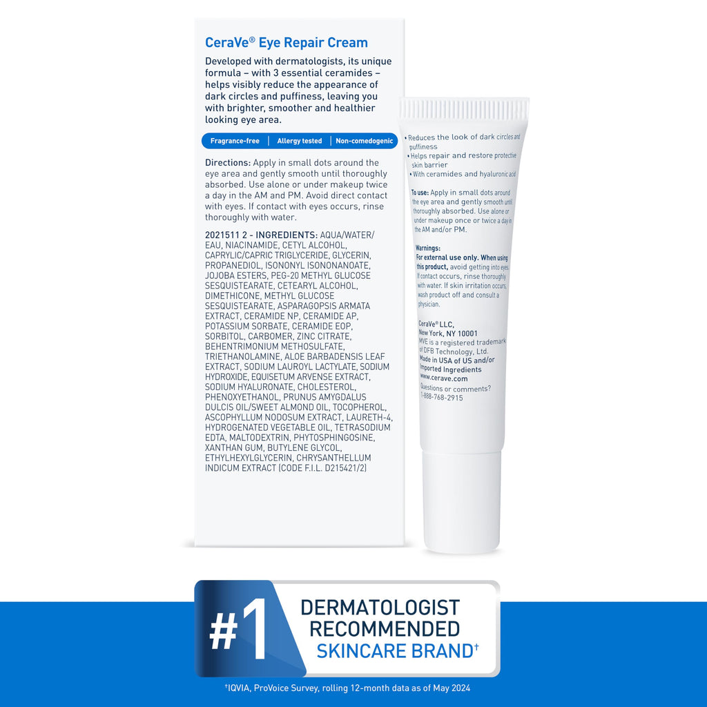 CeraVe - Crema reparadora para ojos, crema para bolsas y ojeras, con ácido hialurónico + niacinamida + complejo botánico marino, sin aceite y probada por oftalmólogos.