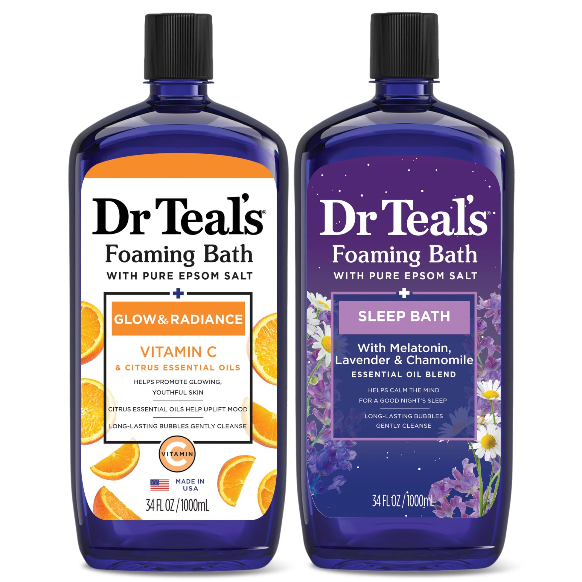 Dr Teal's - Baño espumoso con sal pura de Epsom, vitamina C y mezcla para dormir, 34 onzas líquidas (paquete de 2)