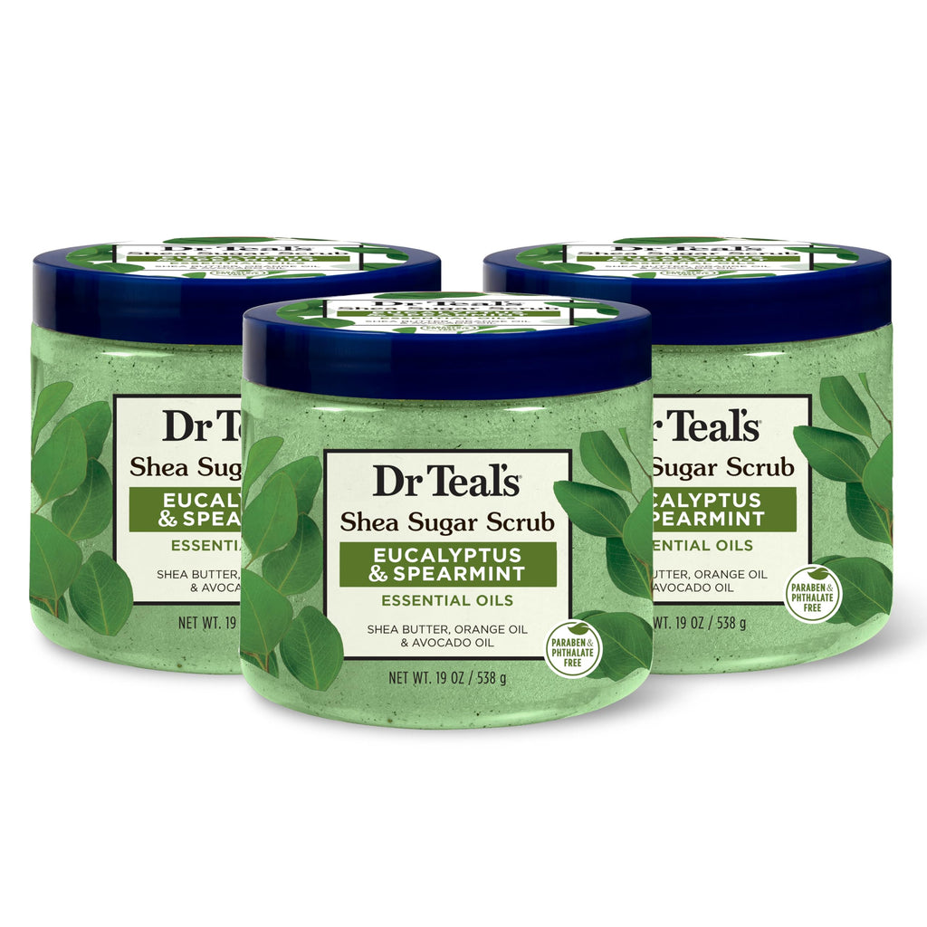 Dr Teal's - Exfoliante de azúcar de karité, aceites esenciales de eucalipto y menta verde, 19 onzas (paquete de 3)