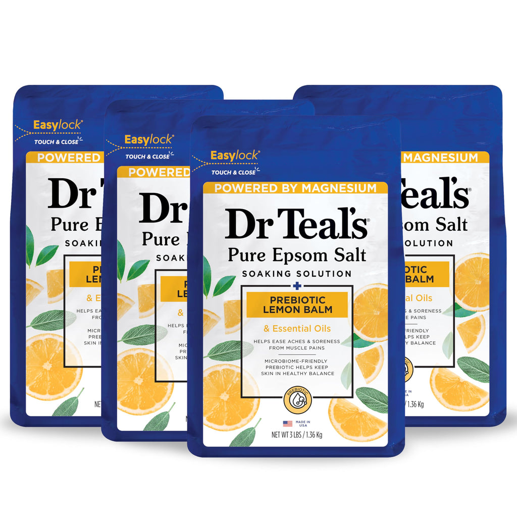 Dr Teal's - Sal pura de Epsom, bálsamo de limón prebiótico y aceite esencial, 3 libras (paquete de 4)