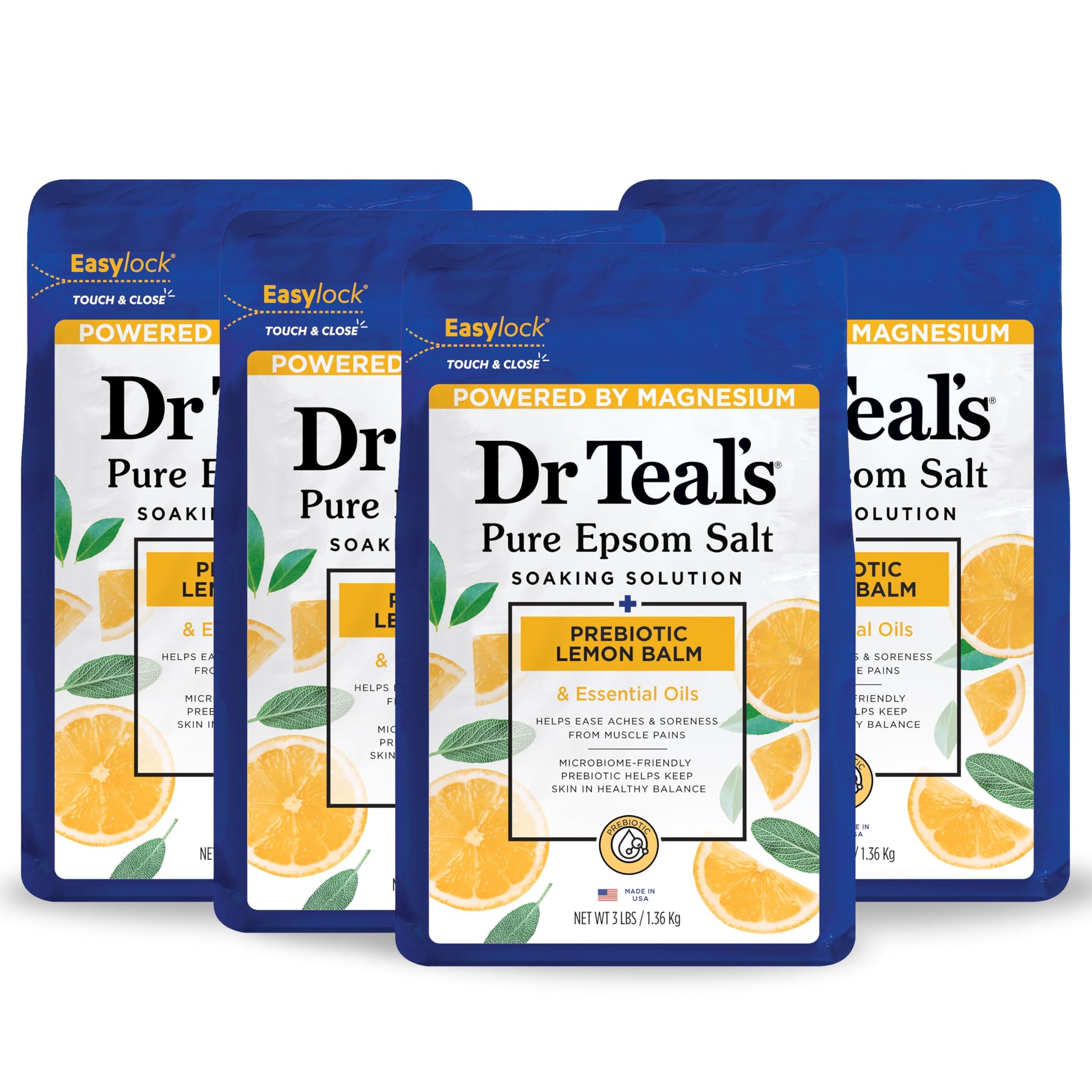 Dr Teal's - Sal pura de Epsom, bálsamo de limón prebiótico y aceite esencial, 3 libras (paquete de 4)