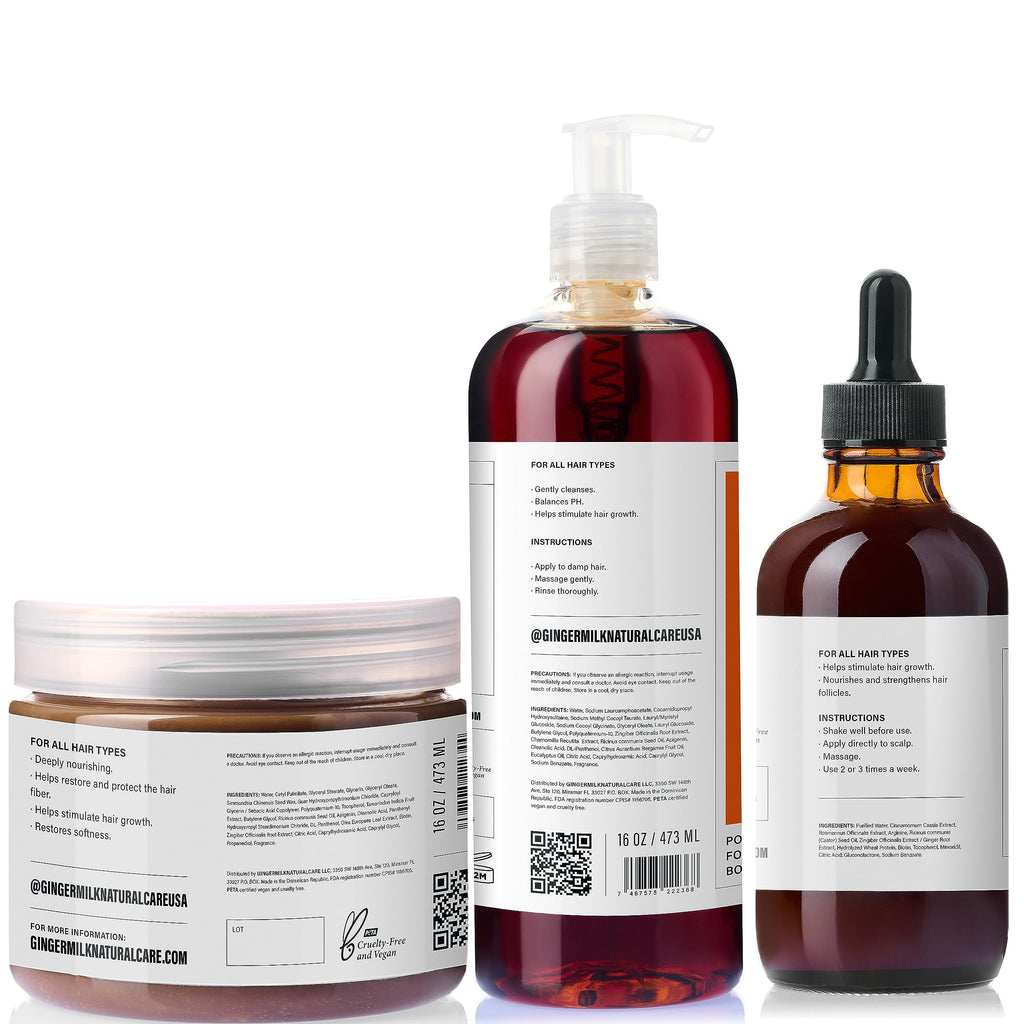 Ginger Milk - Kit de crecimiento del cabello con ingredientes naturales | Suero de 4 fl oz, champú de 16 onzas líquidas y máscara de 16 onzas | Sin parabenos, sal y sulfato