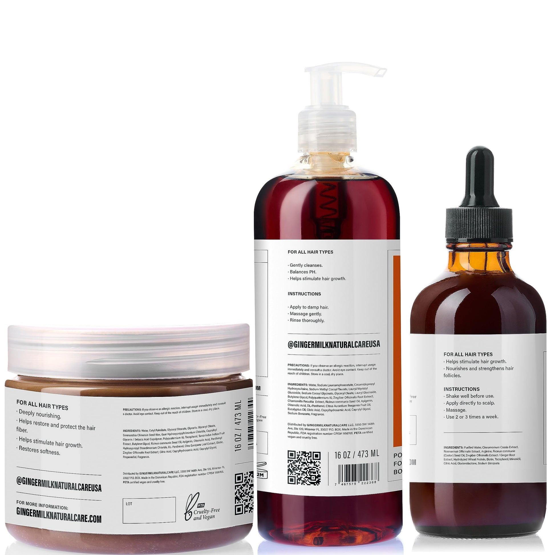 Ginger Milk - Kit de crecimiento del cabello con ingredientes naturales | Suero de 4 fl oz, champú de 16 onzas líquidas y máscara de 16 onzas | Sin parabenos, sal y sulfato