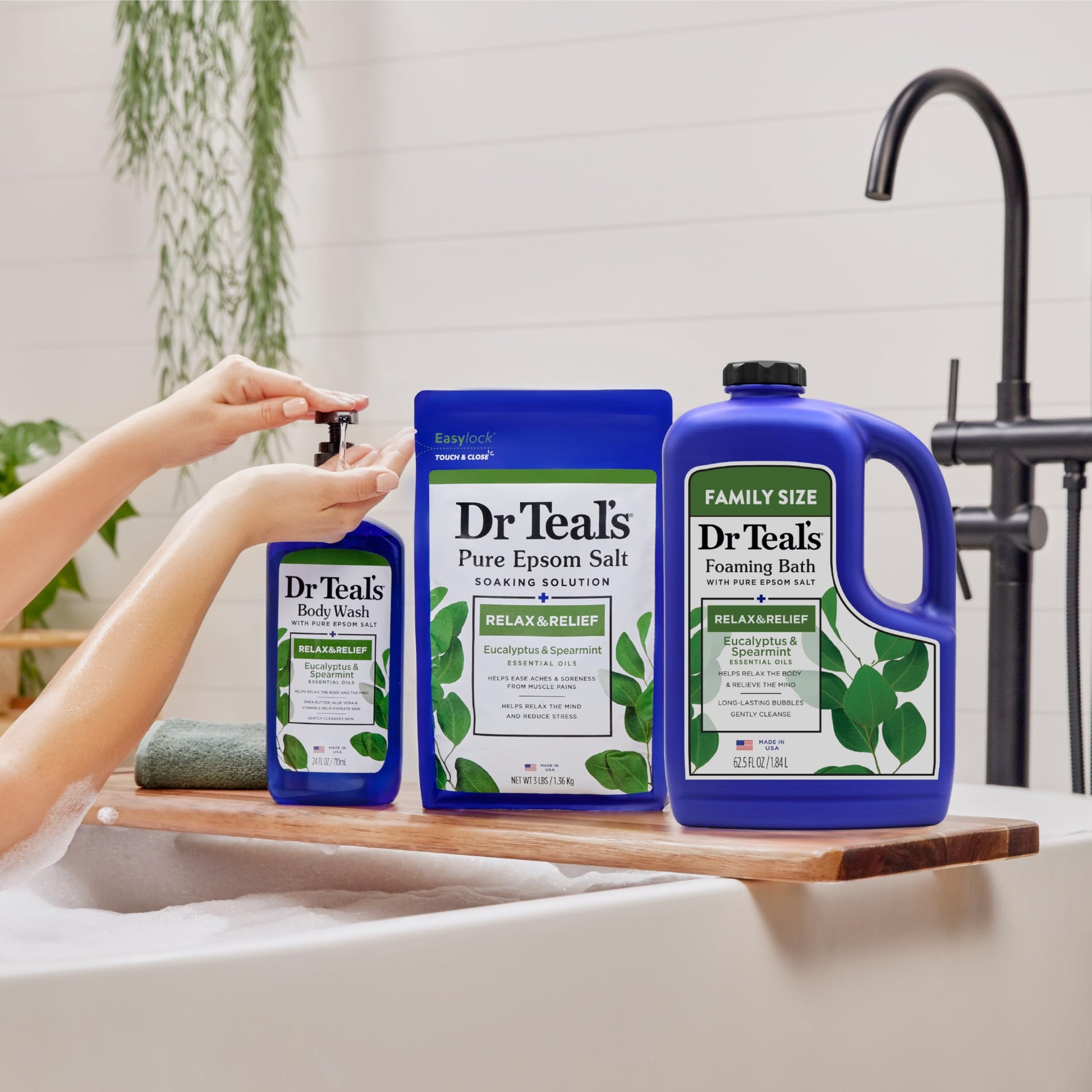 Dr Teal's - Baño espumoso con sal pura de Epsom, relajación y alivio con eucalipto y menta verde, 62.5 onzas líquidas