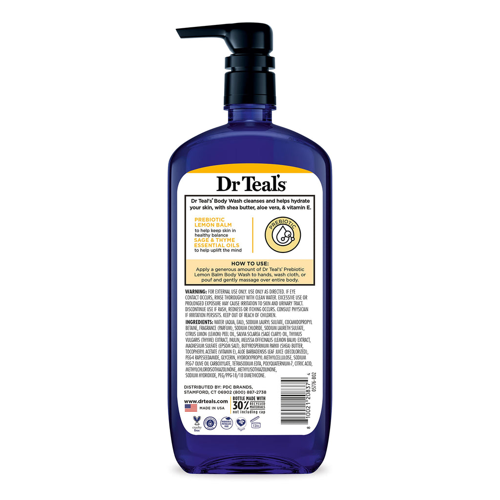 Dr Teal's - Gel de baño con sal pura de Epsom, con bálsamo de limón prebiótico y salvia, 24 onzas líquidas (paquete de 4)