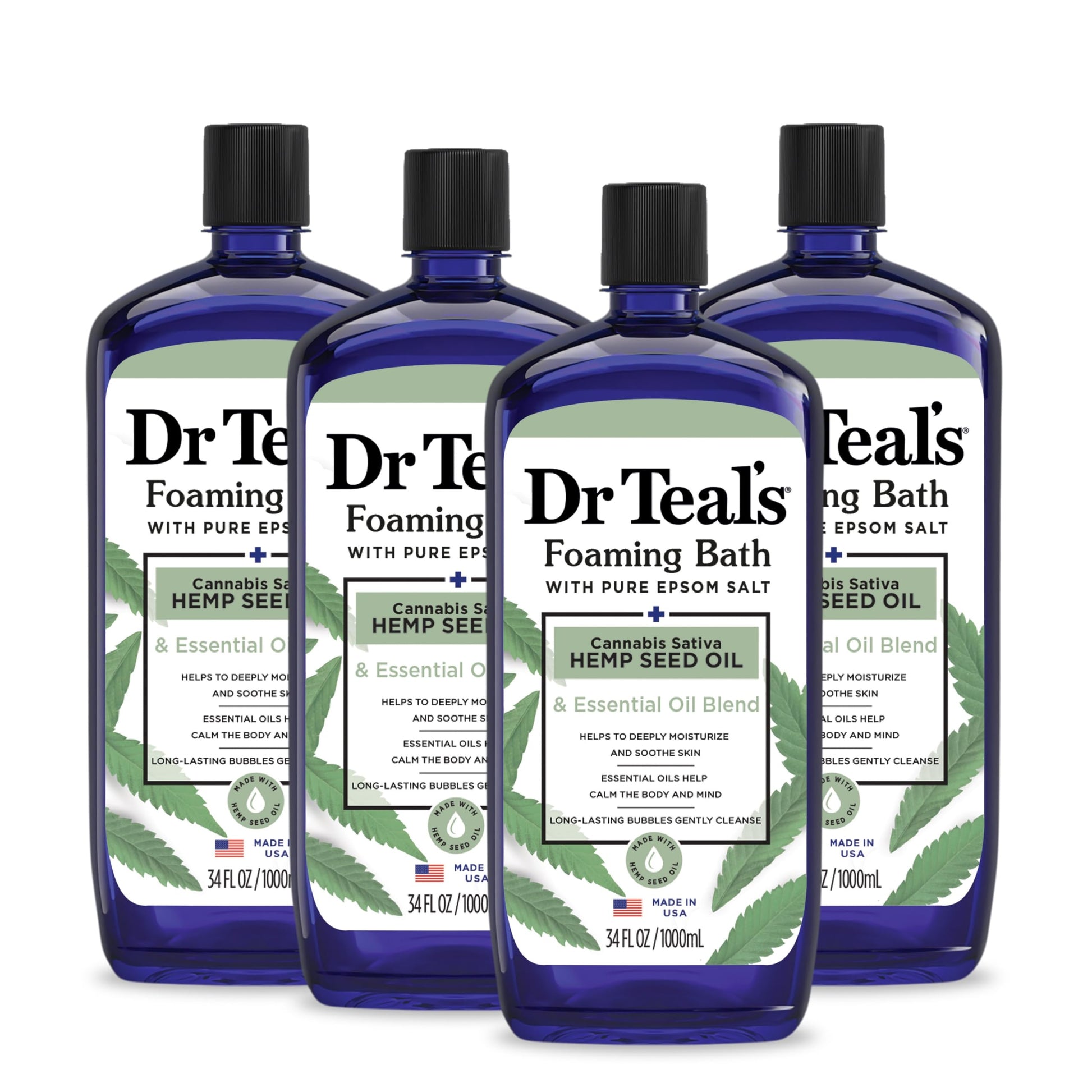 Dr Teal's -  Baño espumoso con sal pura de Epsom, aceite de semilla de cáñamo de cannabis sativa, 34 onzas líquidas (paquete de 4)