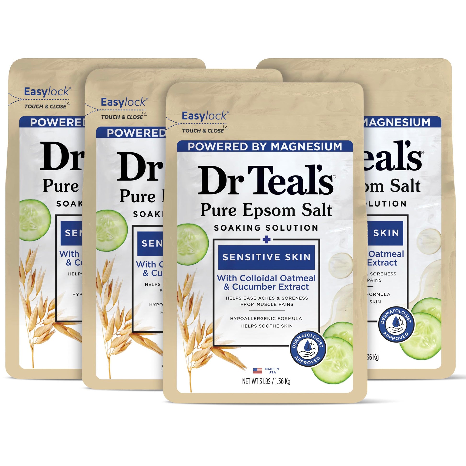 Dr Teal's - sal de Epsom Magnesium Soak, piel sensible con avena coloidal y pepino, 3 libras (paquete de 4)