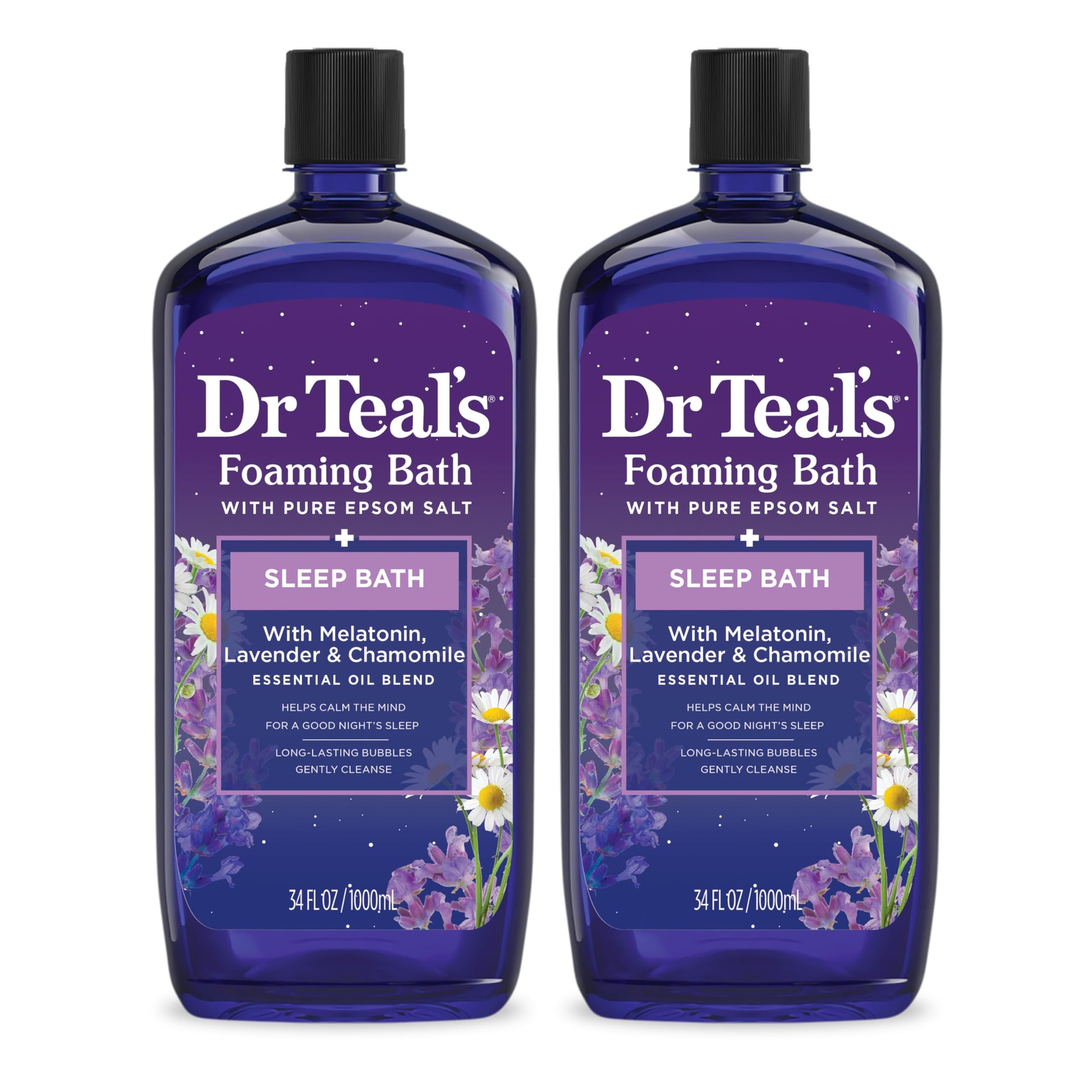 Dr Teal's - Baño espumoso con sal pura de Epsom, mezcla para dormir con aceites esenciales de melatonina, lavanda y manzanilla, 34 onzas líquidas (paquete de 2)