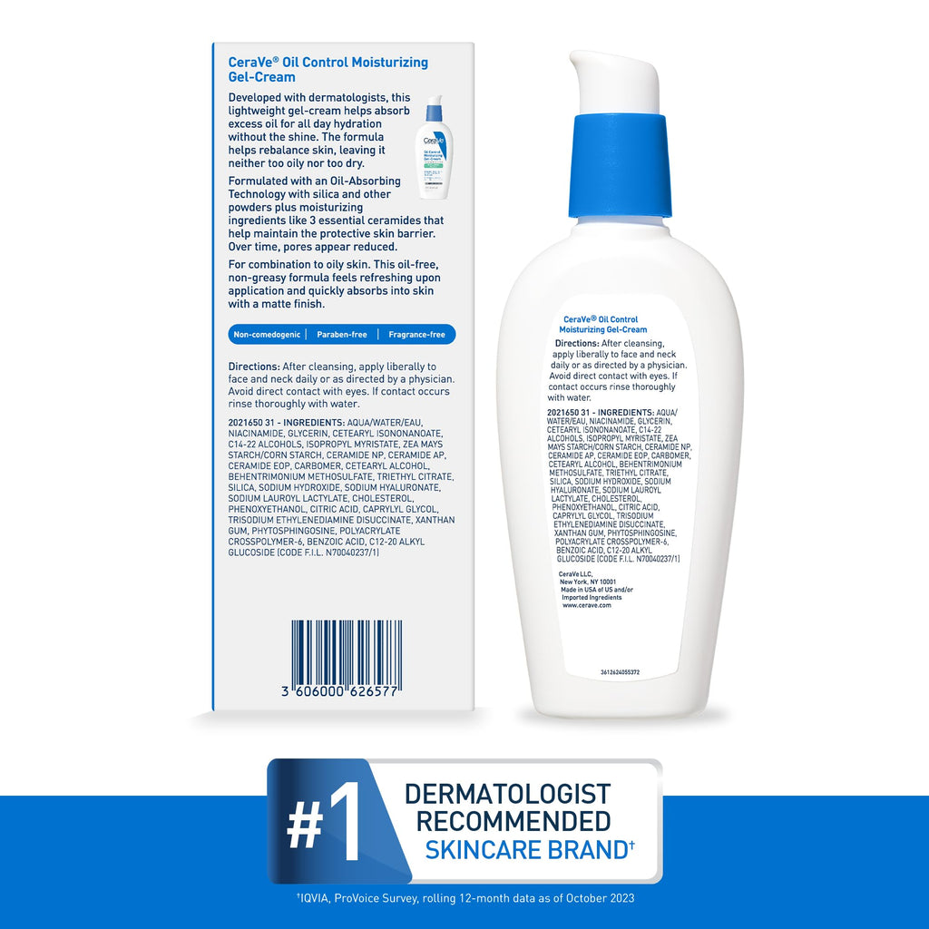 CeraVe - Gel hidratante Oil Control, crema hidratante facial para pieles grasas, niacinamida, ácido hialurónico y tecnología de absorción de aceite para reequilibrar la piel grasa, no comedogénica, sin fragancia ni aceite.