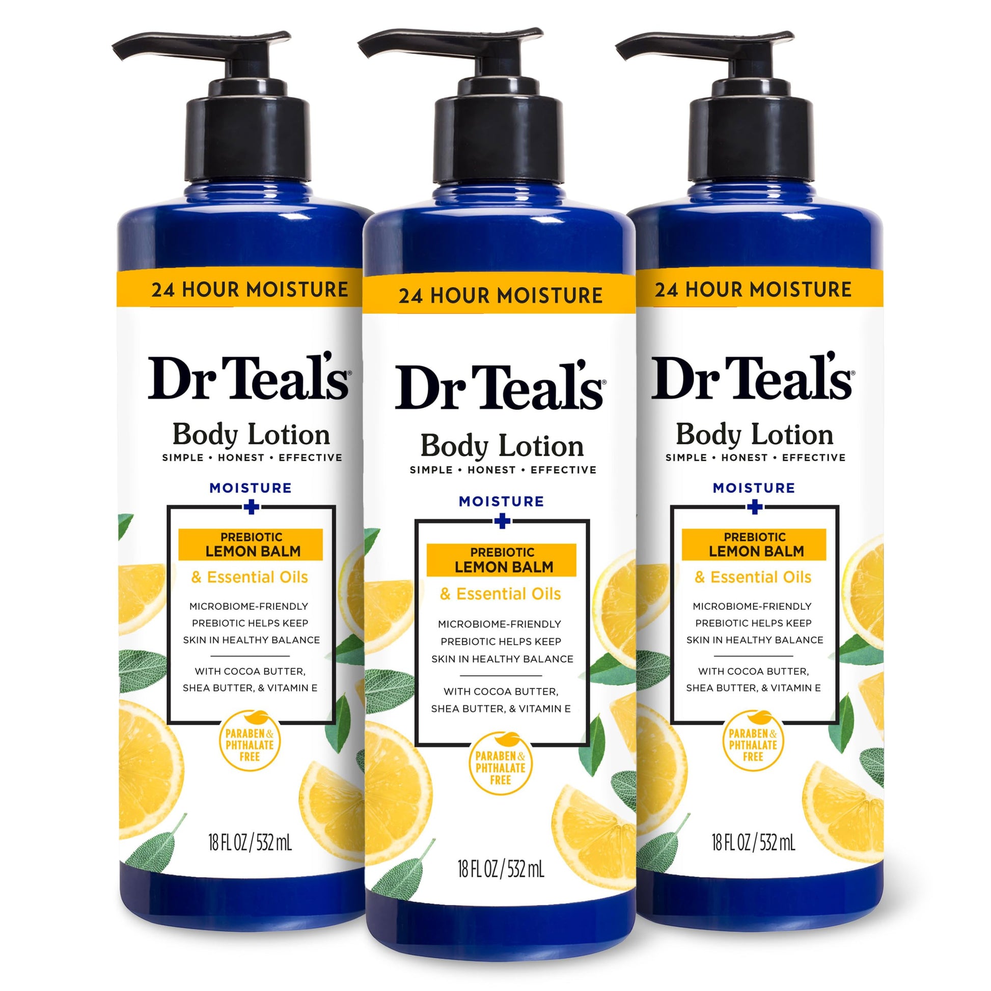 Dr Teal's - Loción corporal, bálsamo de limón prebiótico de limón y aceites esenciales, 18 onzas (paquete de 3)