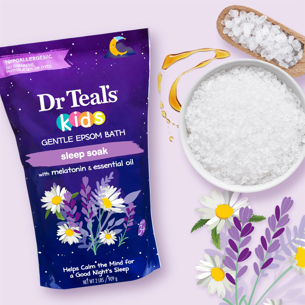 Dr Teal's - Sal de Epsom suave para niños, remojo para dormir con melatonina y mezcla de aceites esenciales, 2 libras (paquete de 3)