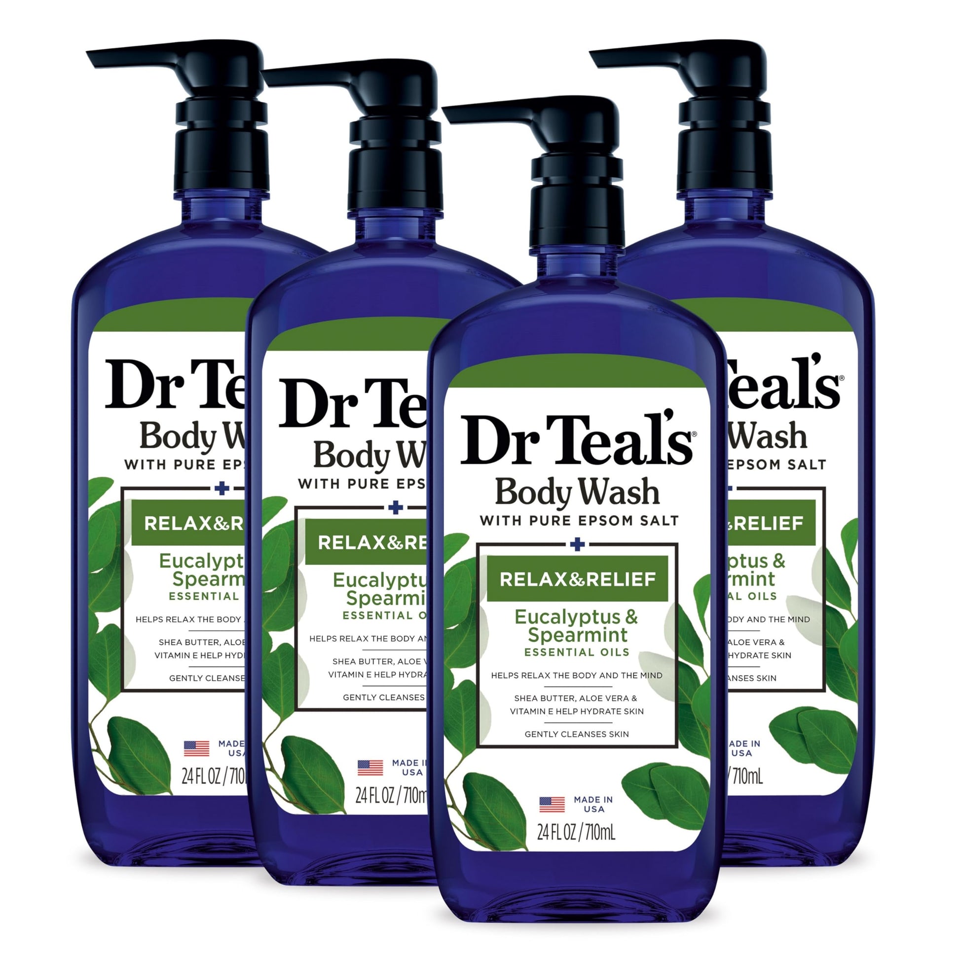 Dr Teal's - Gel de baño con sales puras de Epsom, relajación y alivio con eucalipto y hierbabuena, 24 onzas líquidas (paquete de 4)