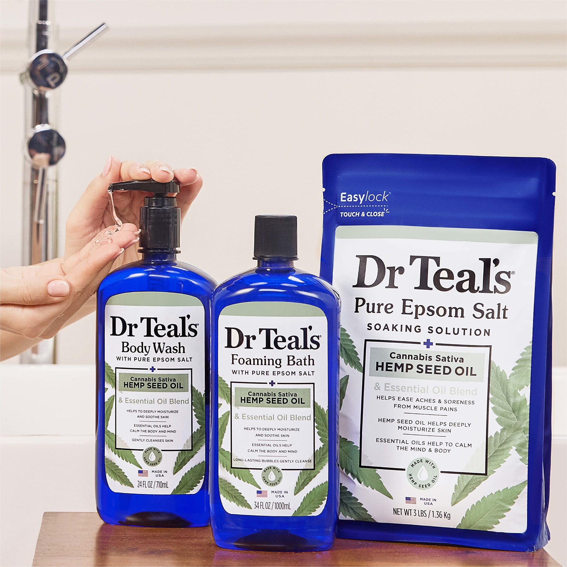 Dr Teal's - Gel de baño con Sal pura de Epsom, aceite de semilla de cáñamo, sativa, cannabis, 24 onzas liquidas (paquete de 4)