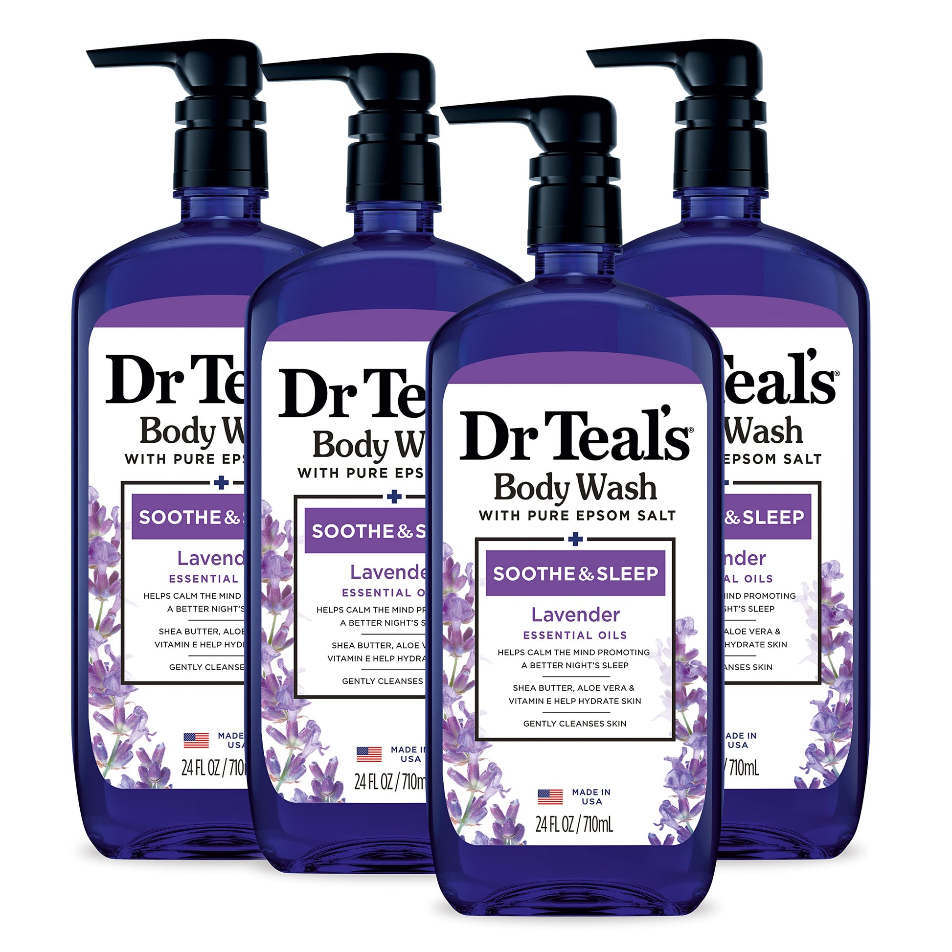Dr Teal's - Gel de baño con sal pura de Epsom, calma y duerme con lavanda, 24 onzas líquidas (paquete de 4)