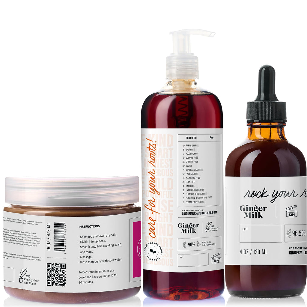 Ginger Milk - Kit de crecimiento del cabello con ingredientes naturales | Suero de 4 fl oz, champú de 16 onzas líquidas y máscara de 16 onzas | Sin parabenos, sal y sulfato