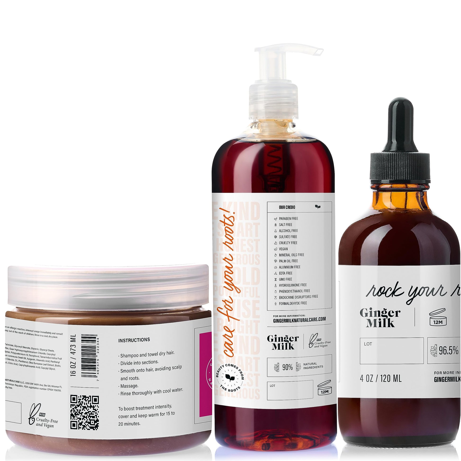 Ginger Milk - Kit de crecimiento del cabello con ingredientes naturales | Suero de 4 fl oz, champú de 16 onzas líquidas y máscara de 16 onzas | Sin parabenos, sal y sulfato