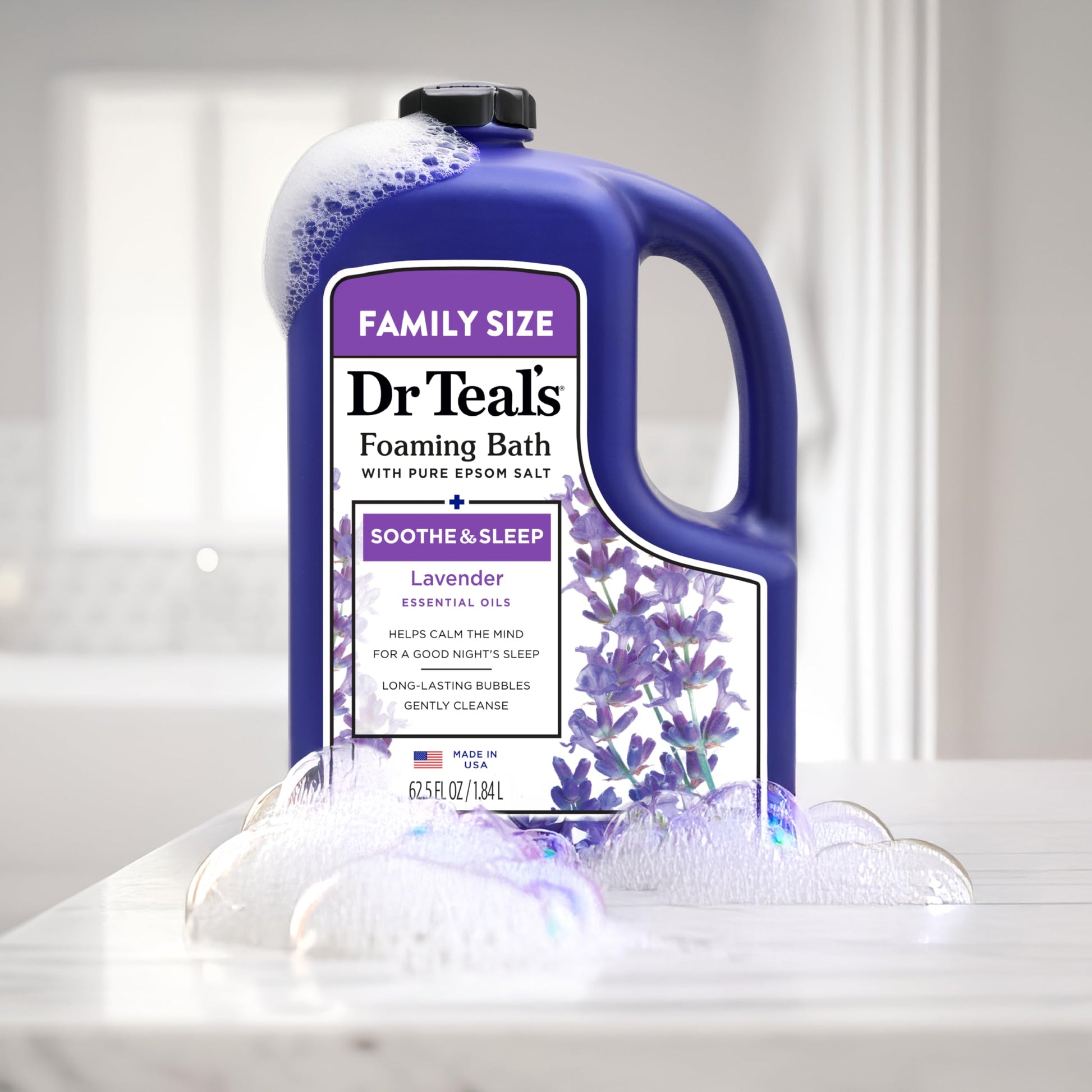 Dr Teal's - Baño espumoso con sal pura de Epsom, calma y duerme con lavanda, 62.5 onzas líquidas