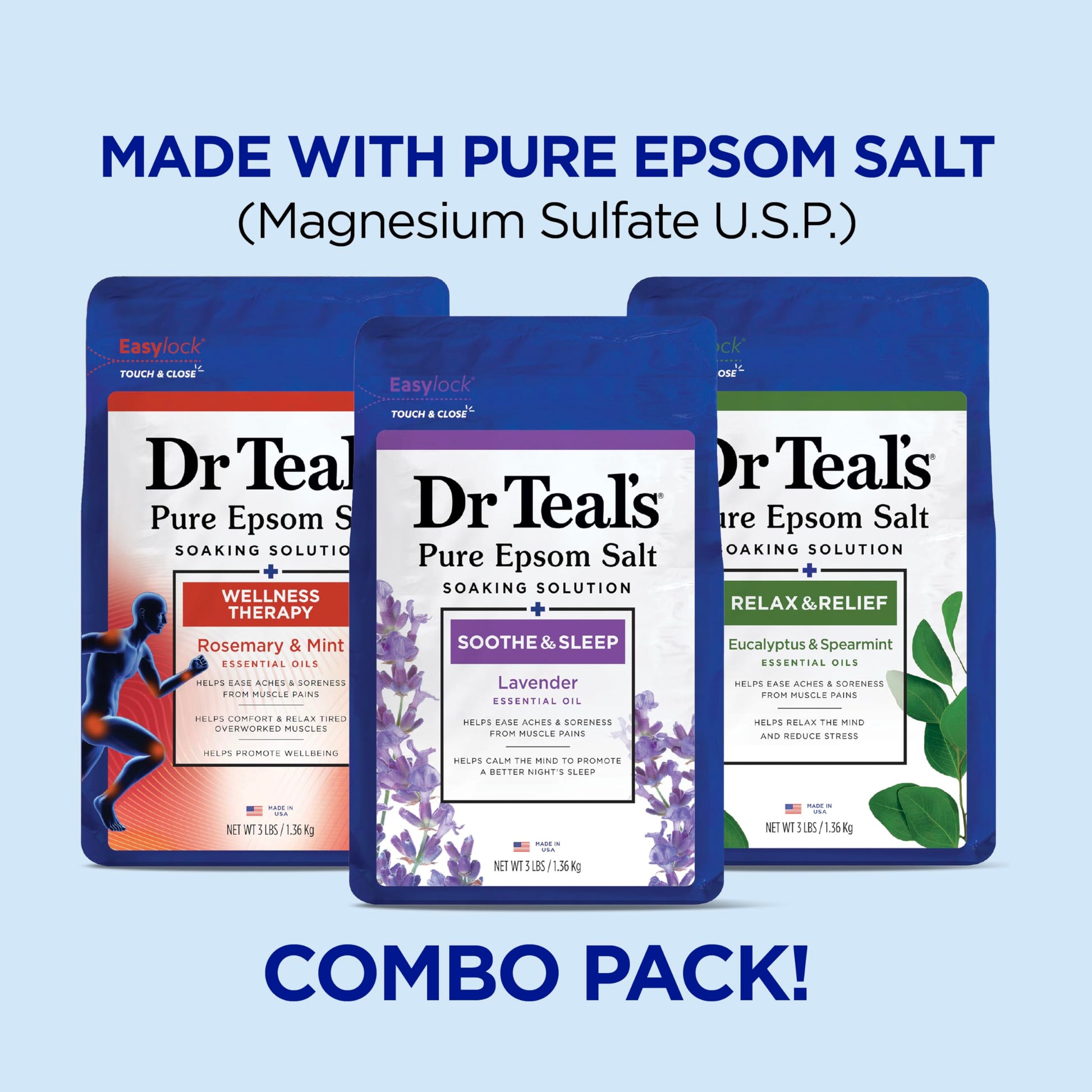 Dr Teal's - Sal de Epsom pura, lavanda, eucalipto y paquete de trío de bienestar, 3 libras (paquete de 3)