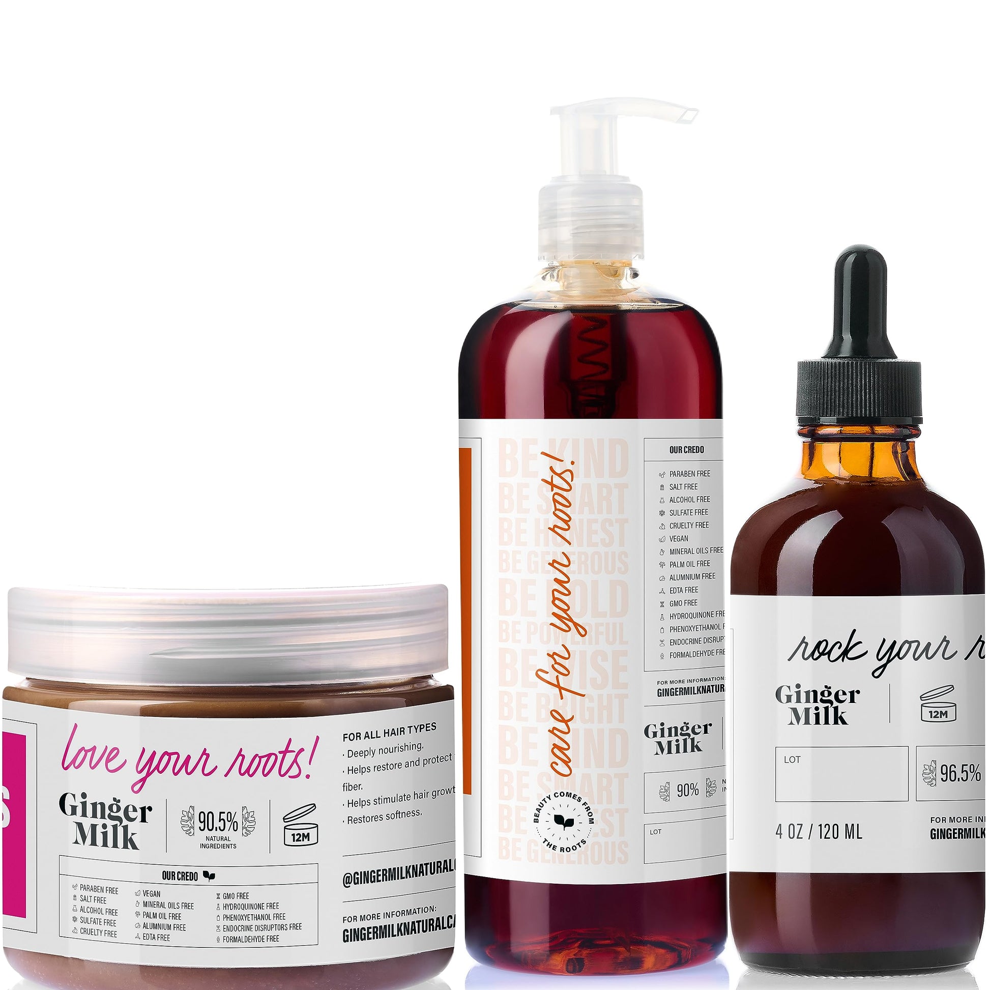 Ginger Milk - Kit de crecimiento del cabello con ingredientes naturales | Suero de 4 fl oz, champú de 16 onzas líquidas y máscara de 16 onzas | Sin parabenos, sal y sulfato