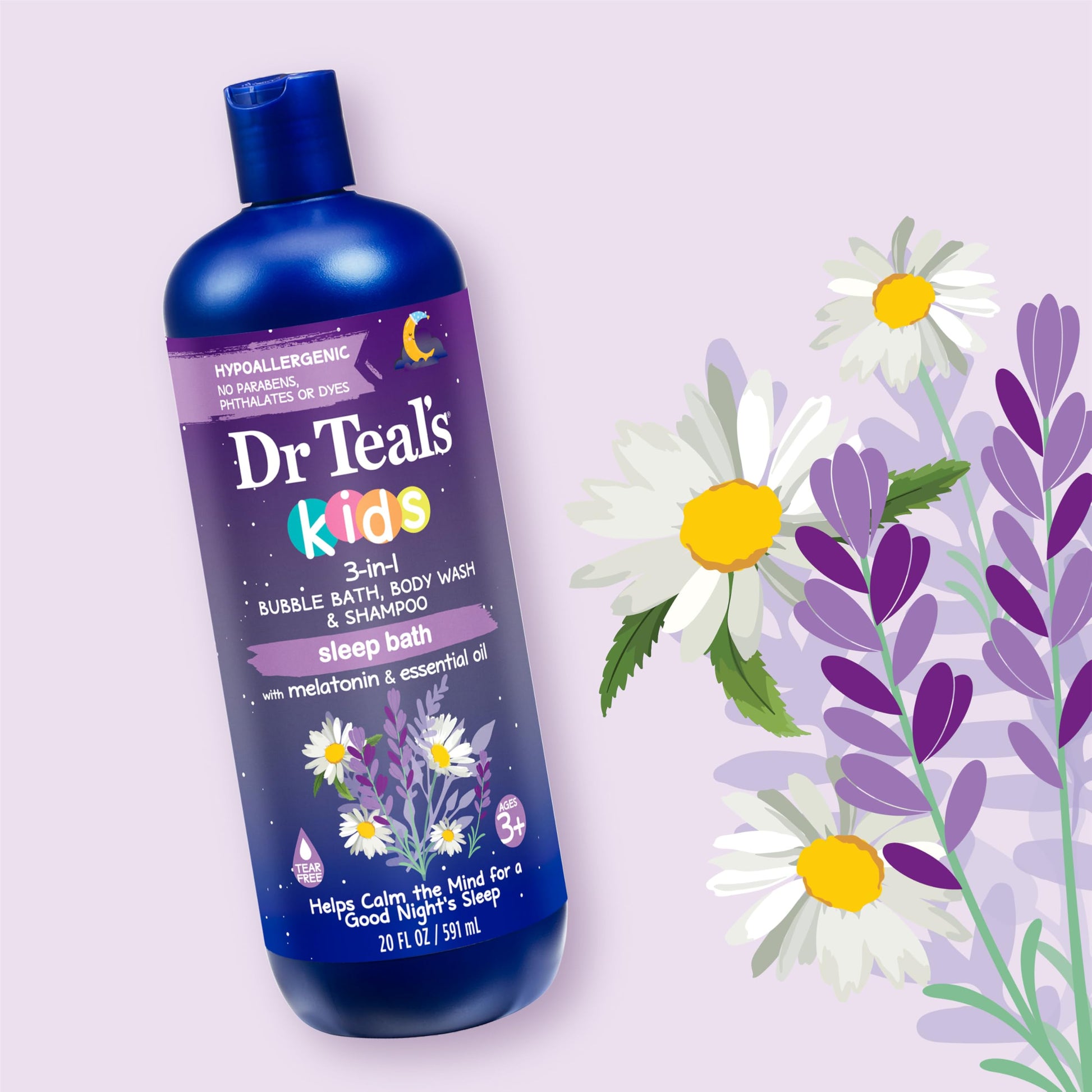 Dr Teal's - Baño de sueño 3 en 1 para niños: baño de burbujas, gel de baño corporal y champú con melatonina y aceite esencial, 20 onzas líquidas (paquete de 3)