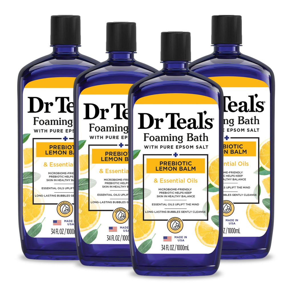 Dr Teal's - Baño espumoso con sal pura de Epsom, bálsamo de limón prebiótico y aceites esenciales, 34 onzas líquidas (paquete de 4)