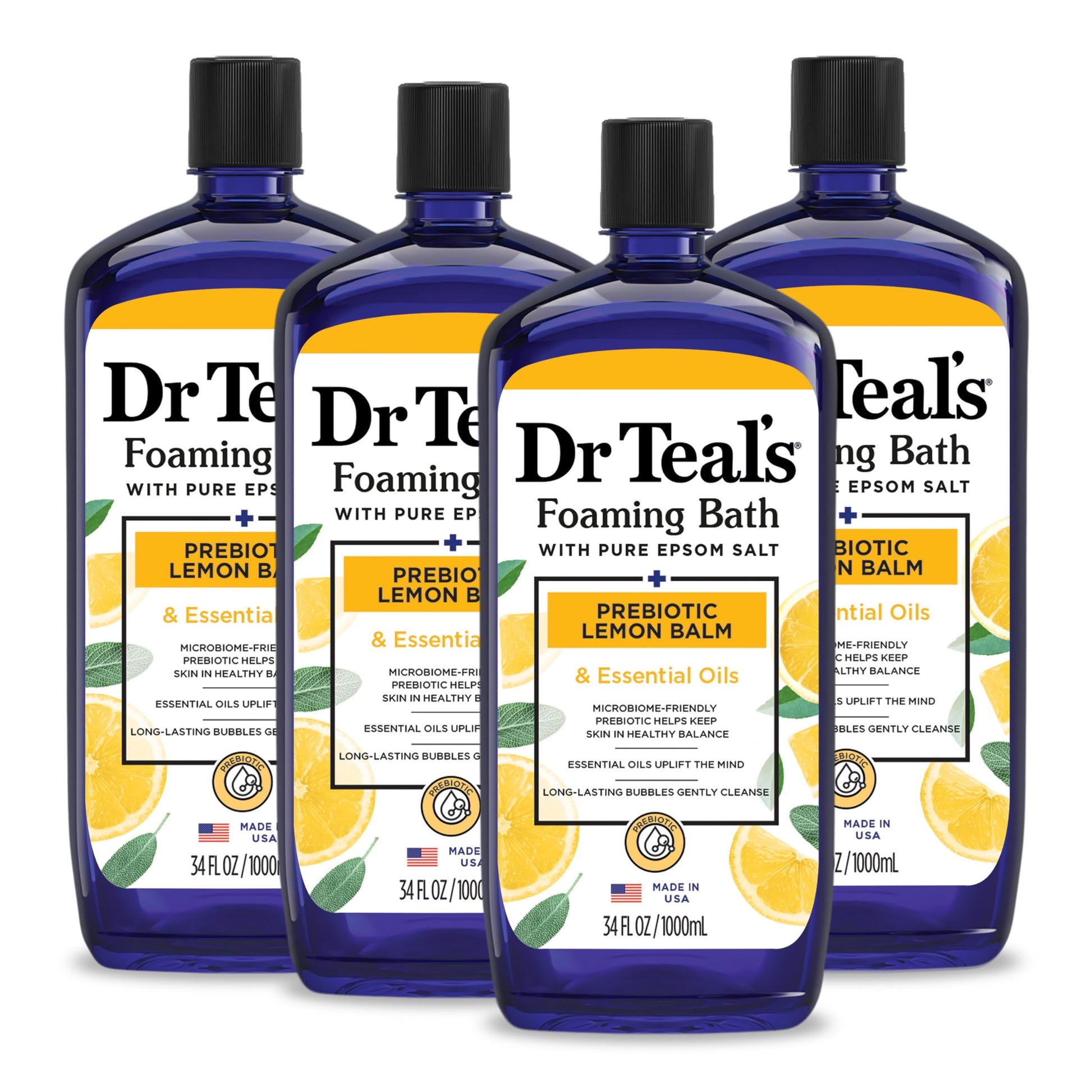 Dr Teal's - Baño espumoso con sal pura de Epsom, bálsamo de limón prebiótico y aceites esenciales, 34 onzas líquidas (paquete de 4)