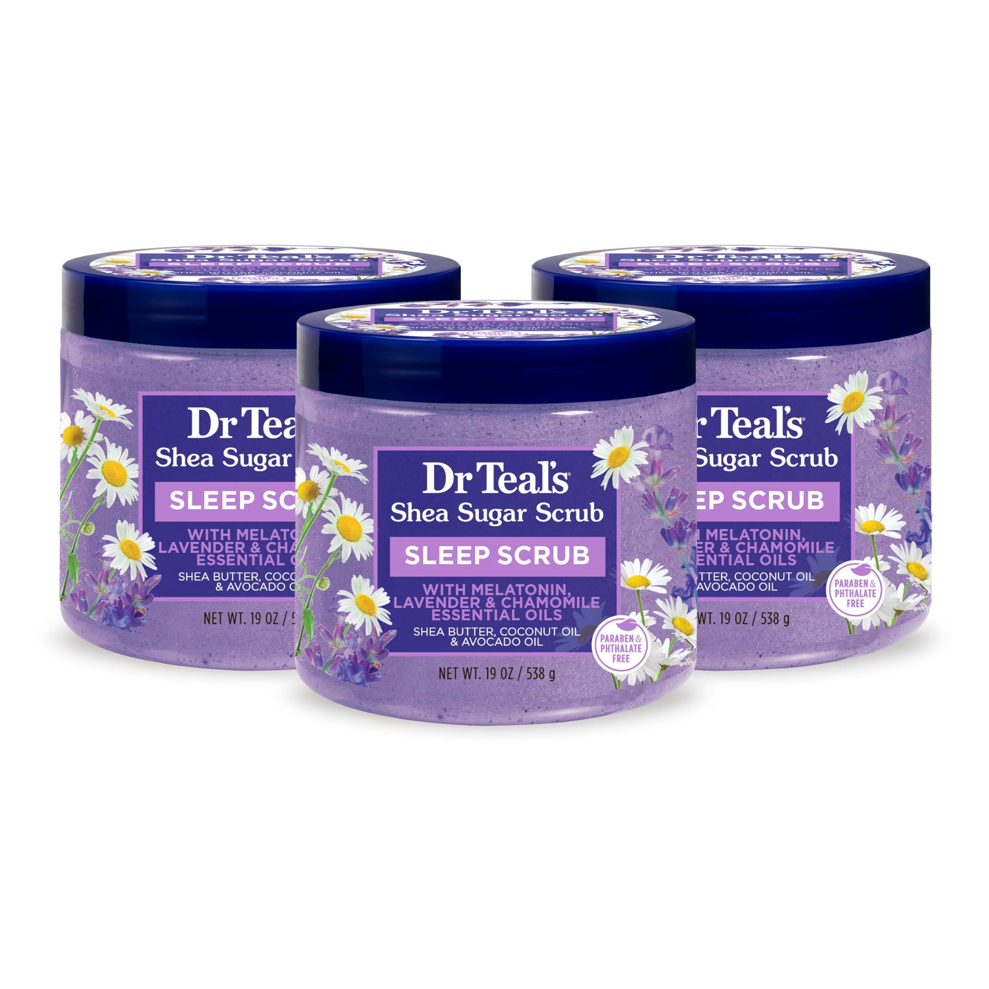 Dr Teal's - Exfoliante para dormir con azúcar de karité, con melatonina, lavanda y aceites esenciales, 19 onzas (paquete de 3)