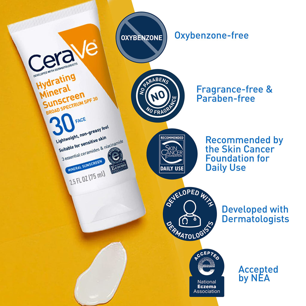 CeraVe - Protector solar 100 % mineral FPS 30, protector solar facial con óxido de zinc y dióxido de titanio, ácido hialurónico, niacinamida y ceramidas, sin aceite, tamaño de viaje de 2.5 oz