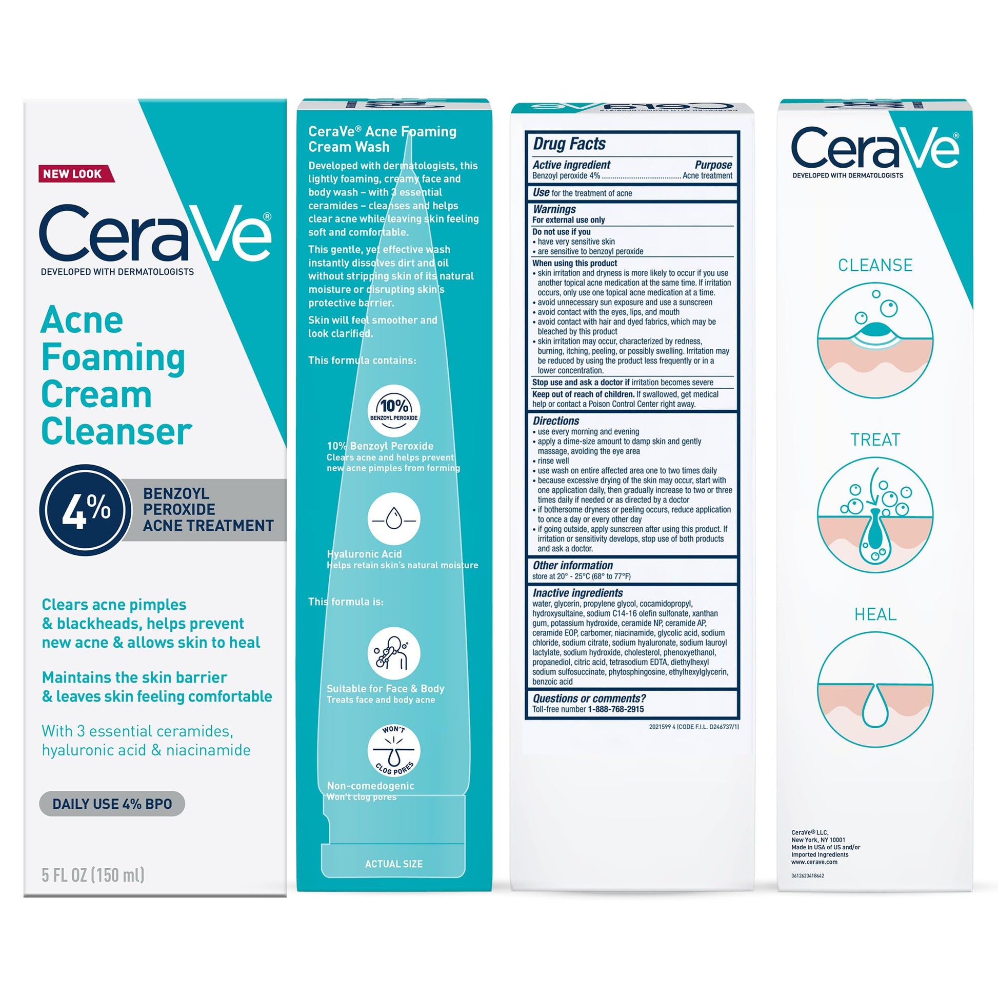 CeraVe - Limpiador en crema espumosa para el acné, lavado facial de peróxido de benzoilo al 4% con ácido hialurónico, niacinamida y ceramidas, tratamiento diario suave para el acné para la cara