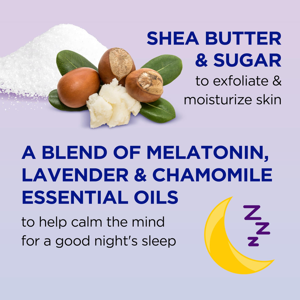 Dr Teal's - Exfoliante para dormir con azúcar de karité, con melatonina, lavanda y aceites esenciales, 19 onzas (paquete de 3)