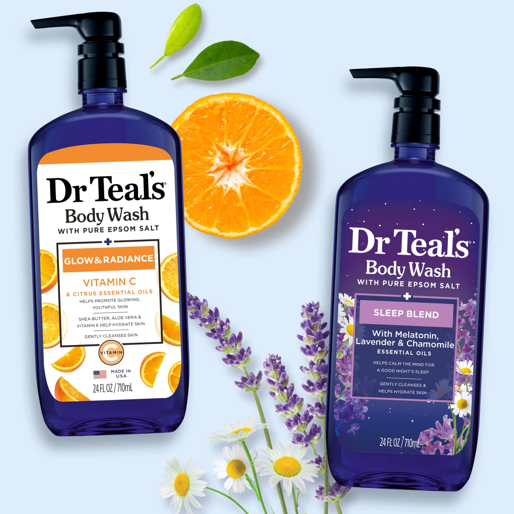 Dr Teal's - Gel de baño con sal pura de Epsom, diurno/nocturno con vitamina C y mezcla para dormir, 24 onzas líquidas (paquete de 2)