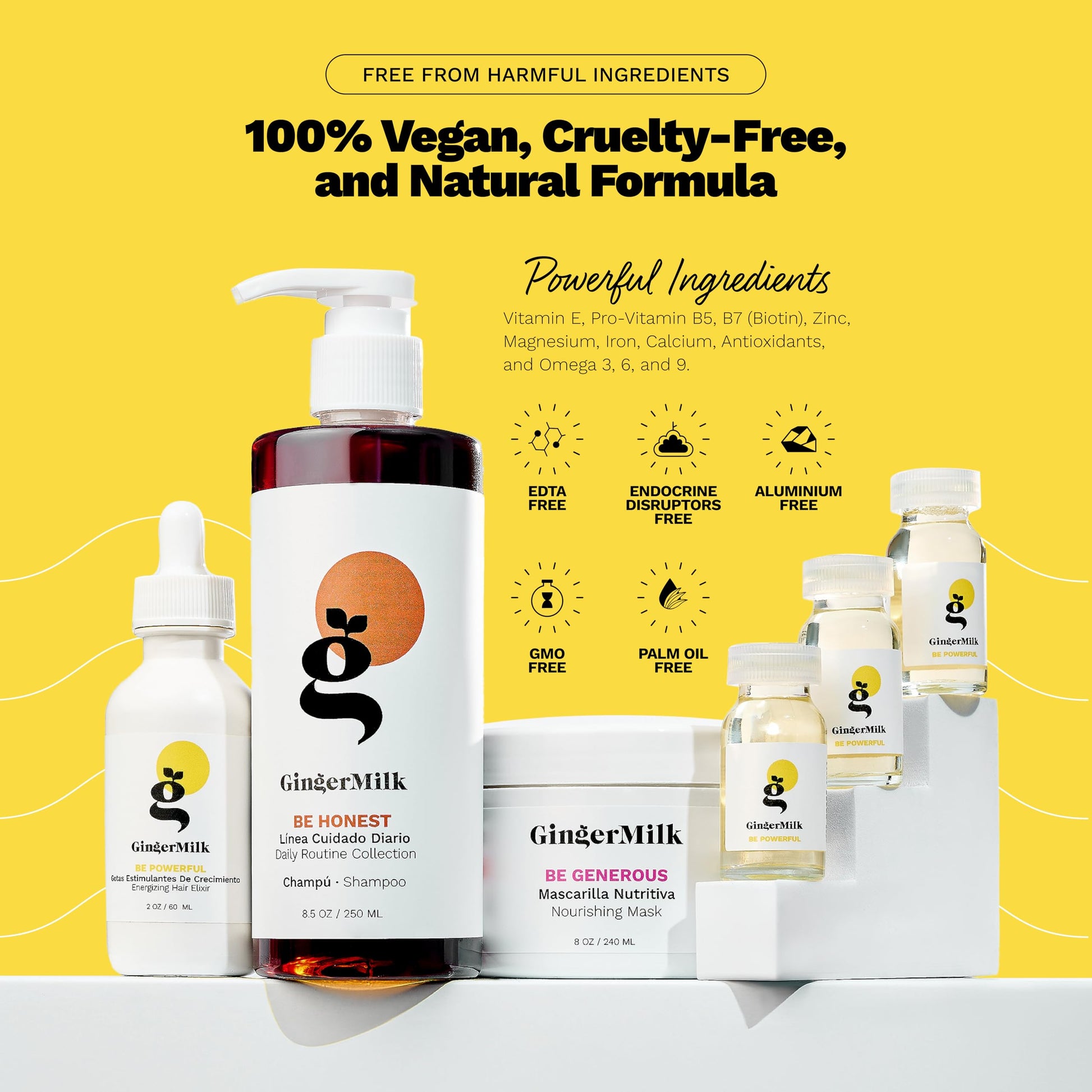 GINGER MILK - SOS Kit de crecimiento del cabello con biotina y jengibre, juego de cuidado del cabello vegano con suero de crecimiento, champú, mascarilla nutritiva y ampolla. Fórmula natural que