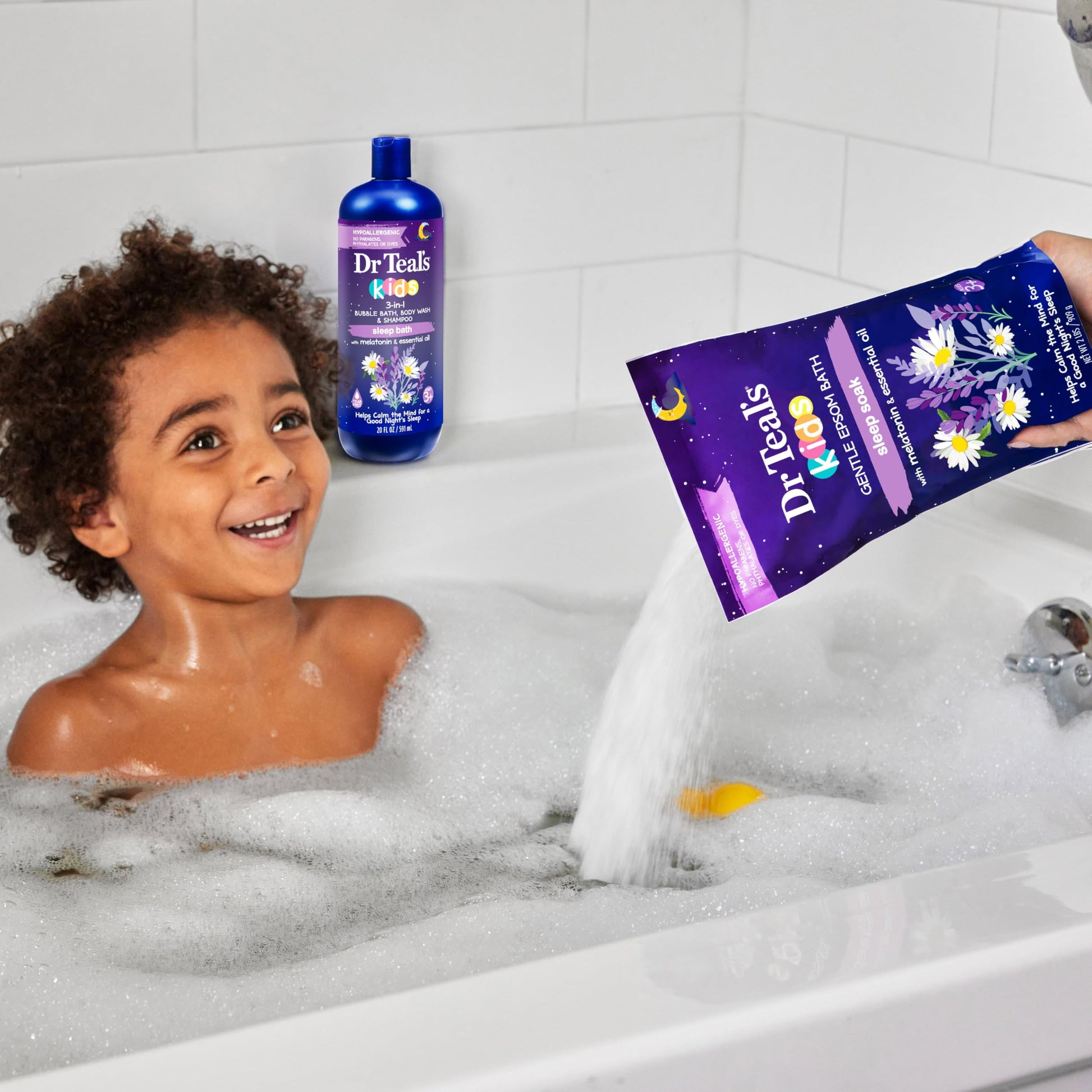 Dr Teal's - Baño de sueño 3 en 1 para niños: baño de burbujas, gel de baño corporal y champú con melatonina y aceite esencial, 20 onzas líquidas (paquete de 3)
