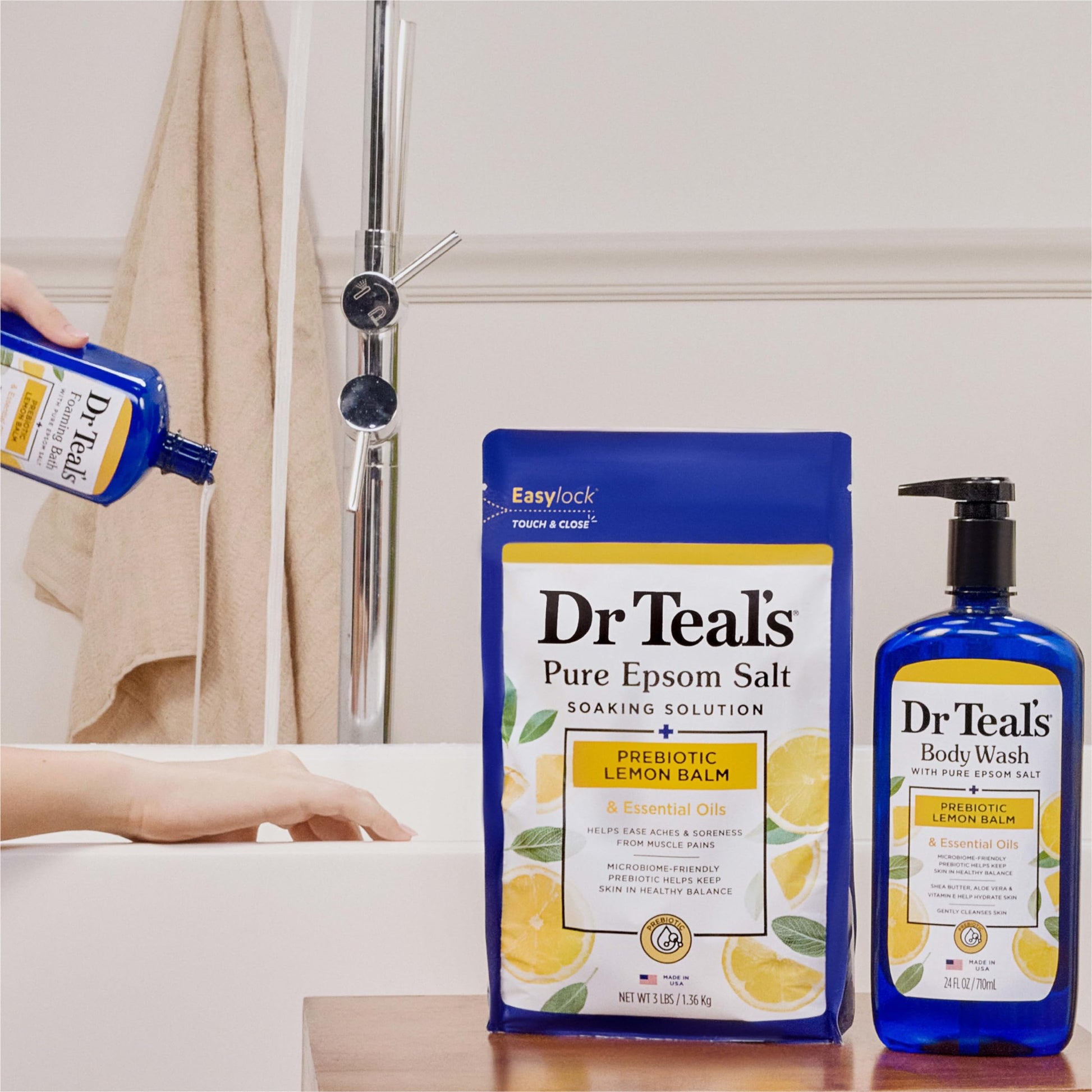 Dr Teal's - Baño espumoso con sal pura de Epsom, bálsamo de limón prebiótico y aceites esenciales, 34 onzas líquidas (paquete de 4)