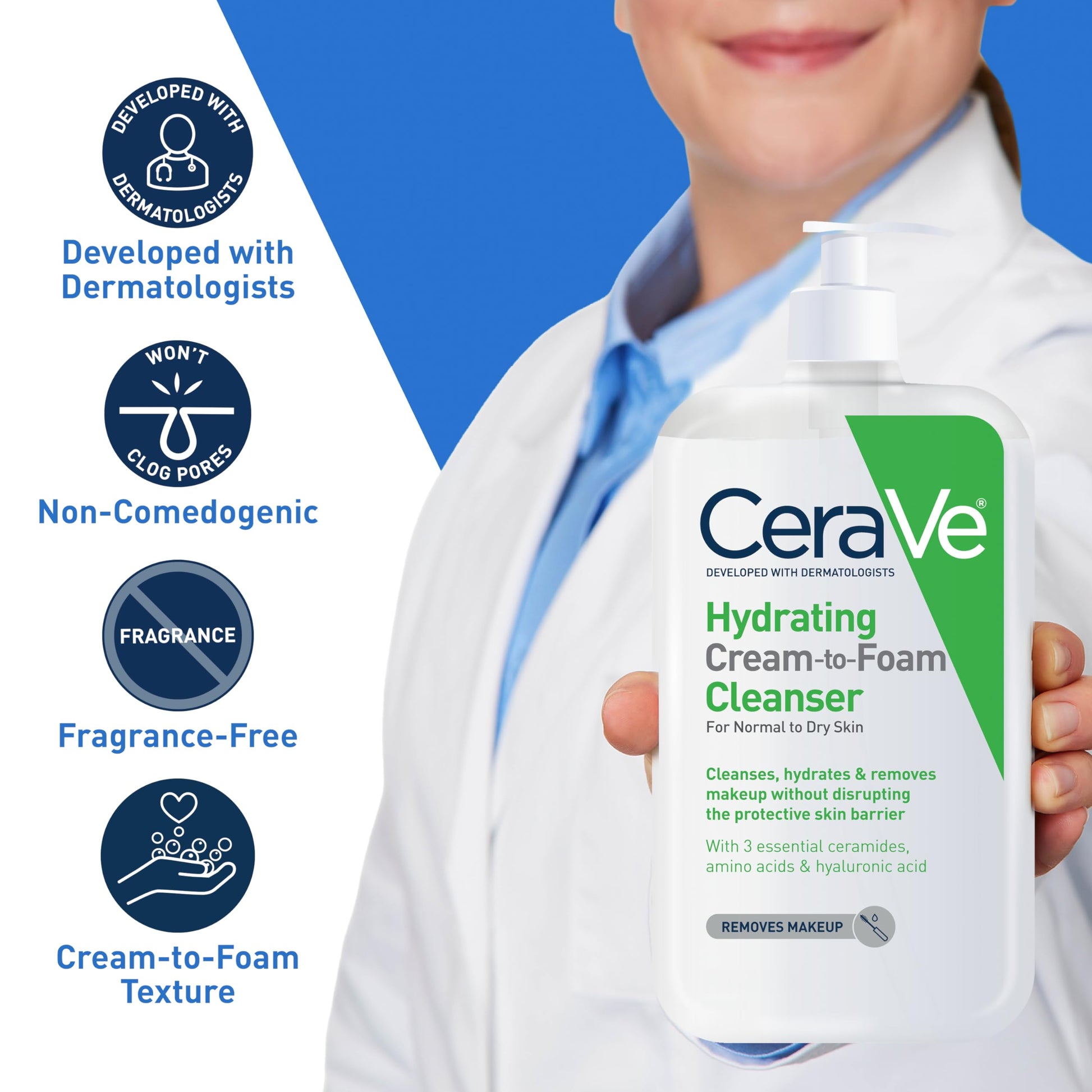 CeraVe - Crema hidratante para limpiar espuma, removedor de maquillaje, lavado facial para piel seca, limpiador facial espumoso con ácido hialurónico, piel normal a seca, sin fragancia y no