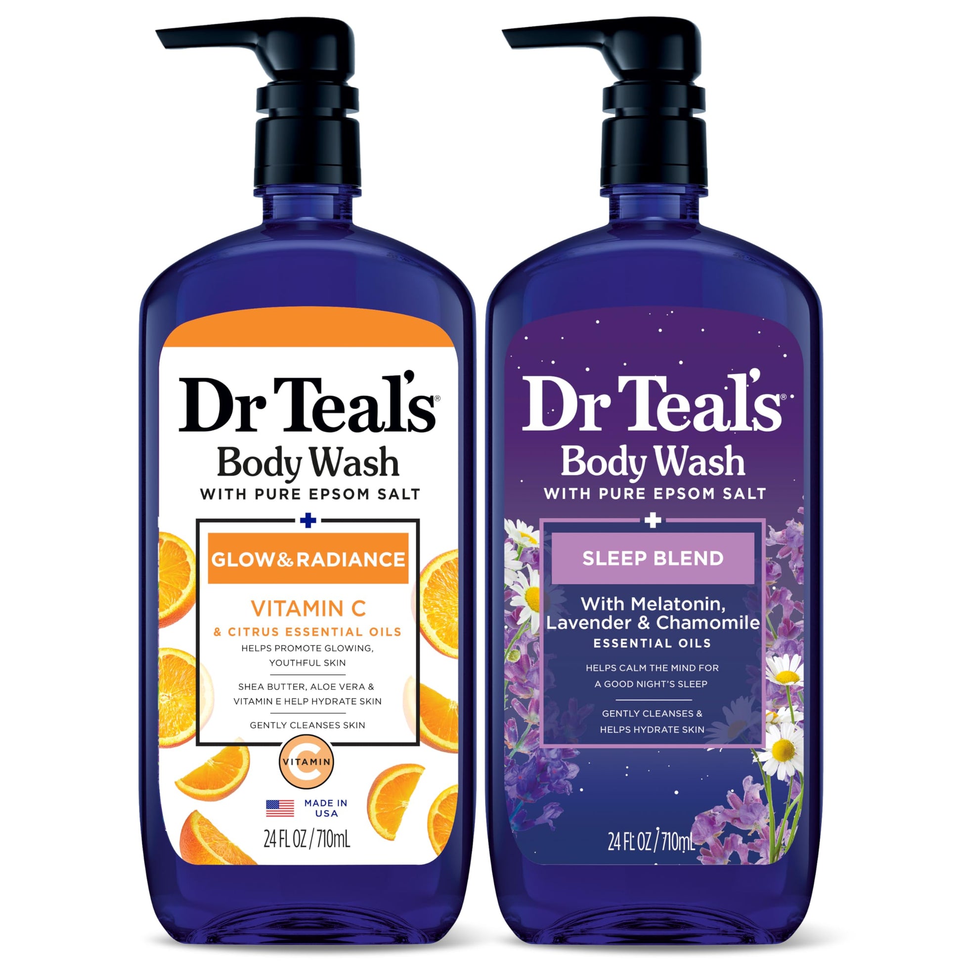 Dr Teal's - Gel de baño con sal pura de Epsom, diurno/nocturno con vitamina C y mezcla para dormir, 24 onzas líquidas (paquete de 2)