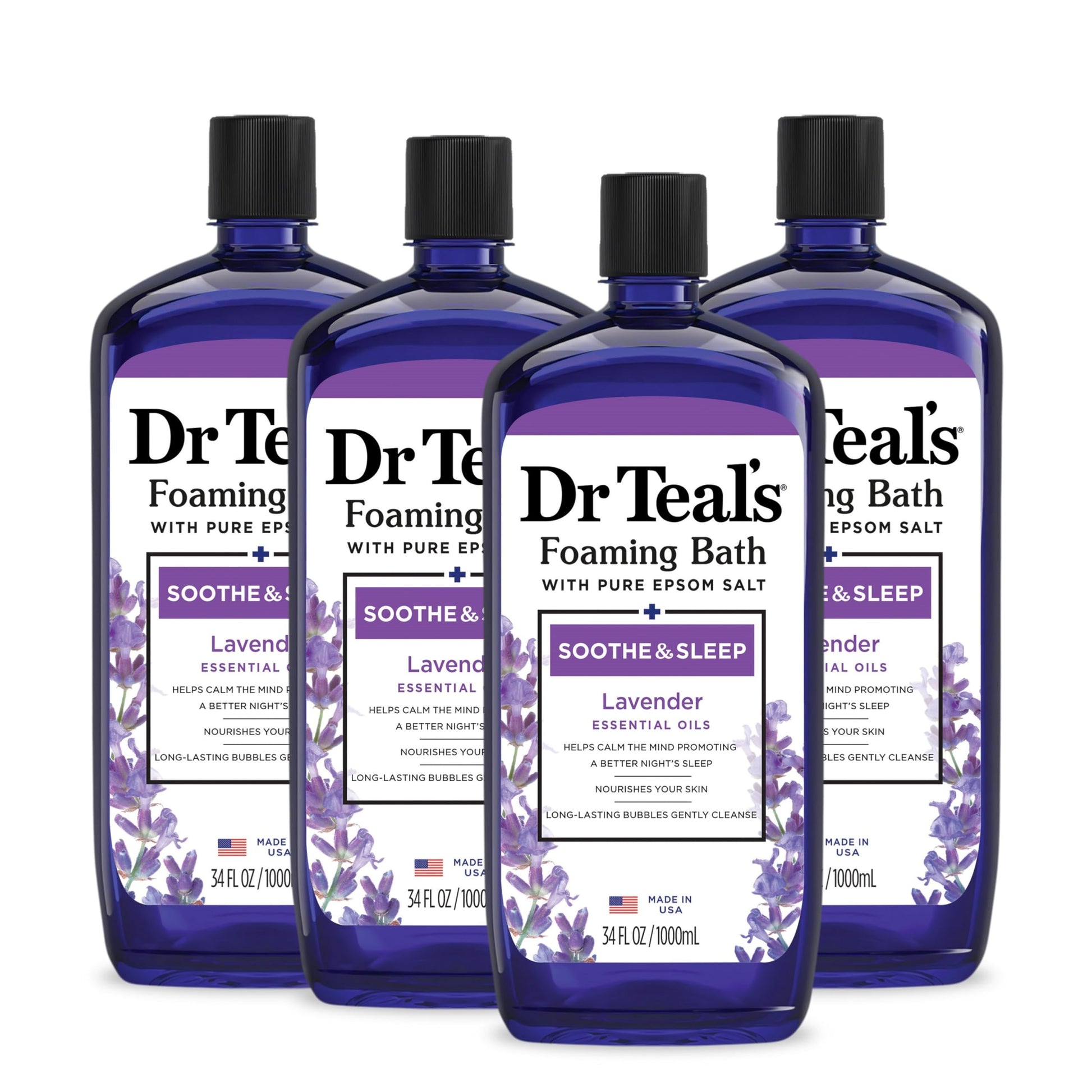 Dr Teal's - Baño espumoso con sal pura de Epsom, calma y duerme con lavanda, 34 onzas líquidas (paquete de 4)
